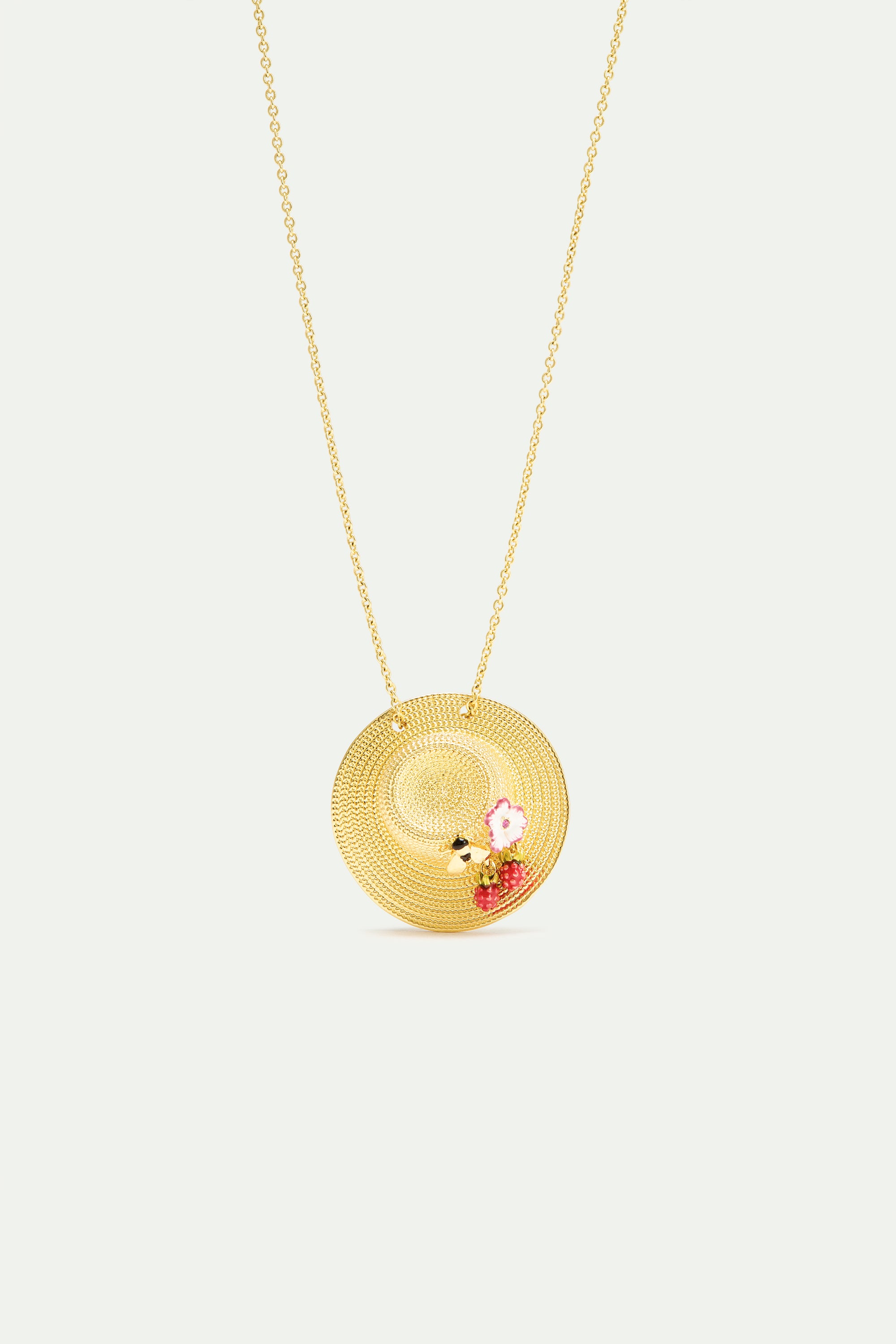 Collier pendentif chapeau doré, cosmos, abeille, framboise et cristal rose