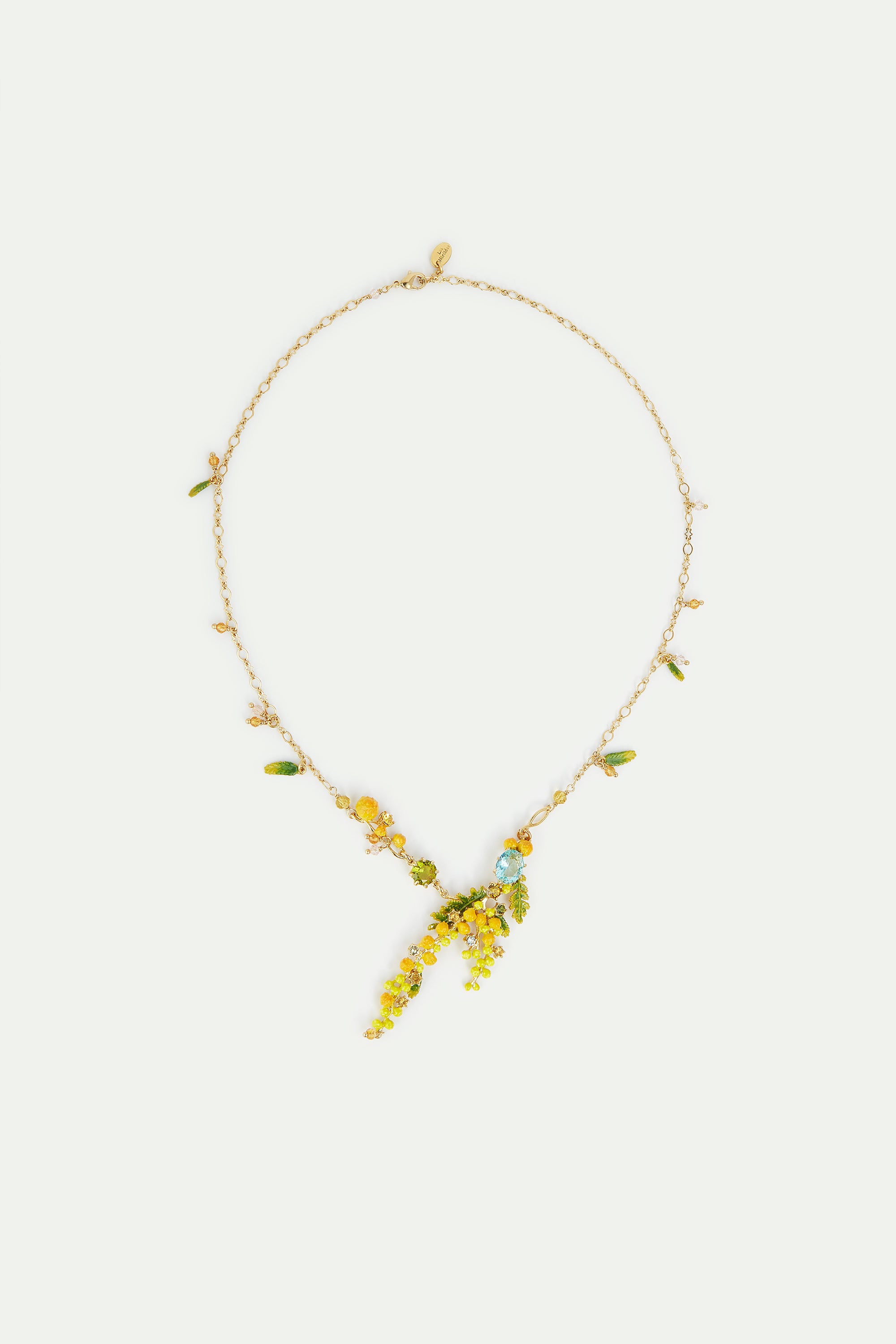 Collier plastron branches de mimosa, fougères et petites feuilles