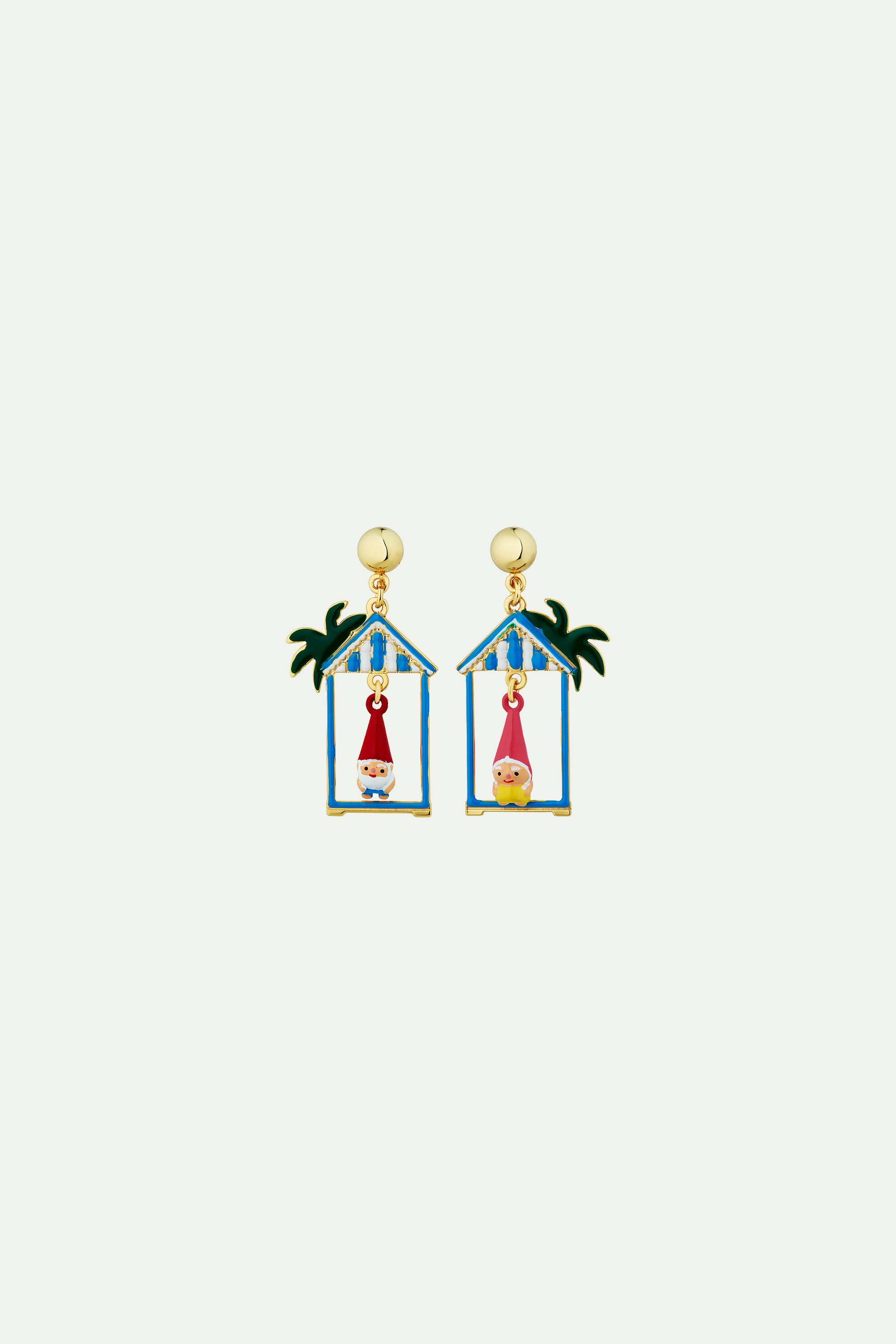 Toadstool family couple and beach hut asymmetrical earrings