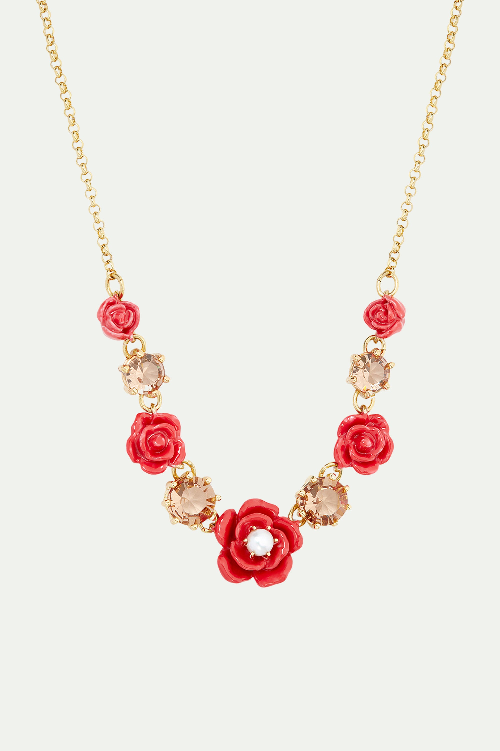 Collier plastron roses, perle de culture et pierres