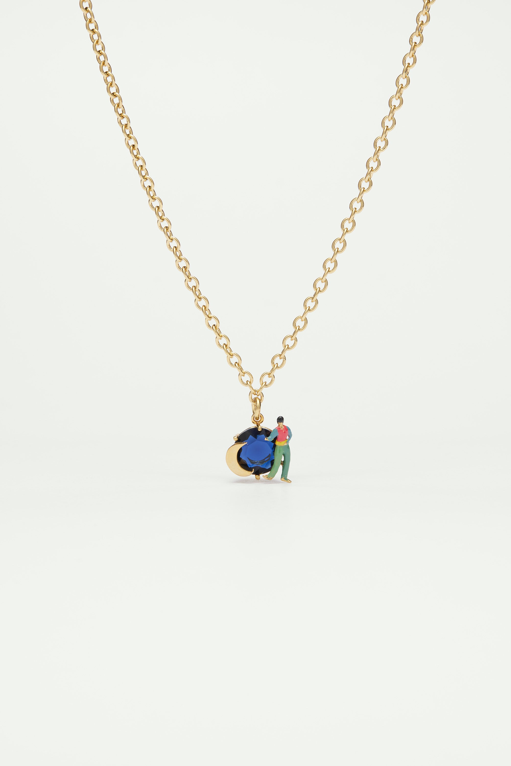 Collier pendentif pierre en verre taillé, lune et personnage