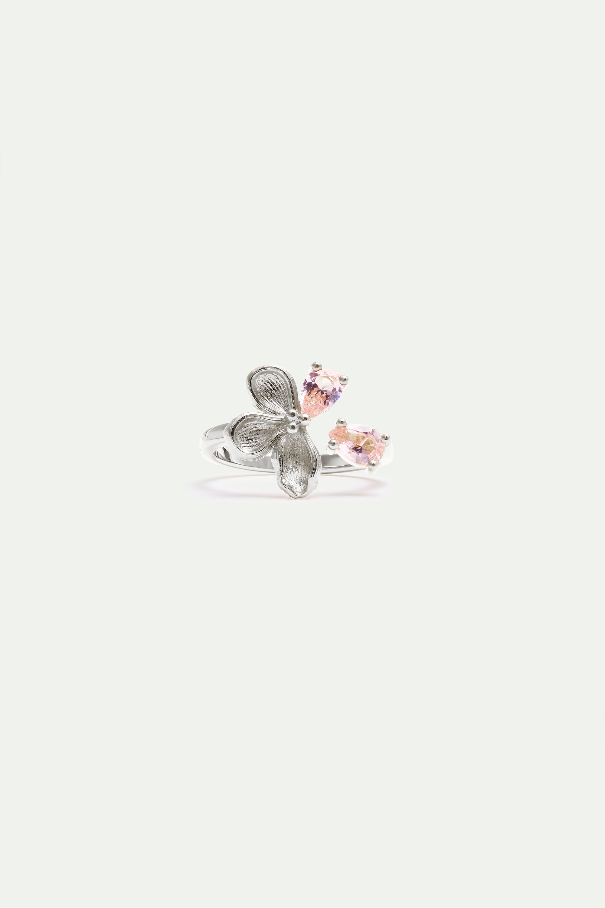 Anillo ajustable plateado flor de cerezo y piedras rosas