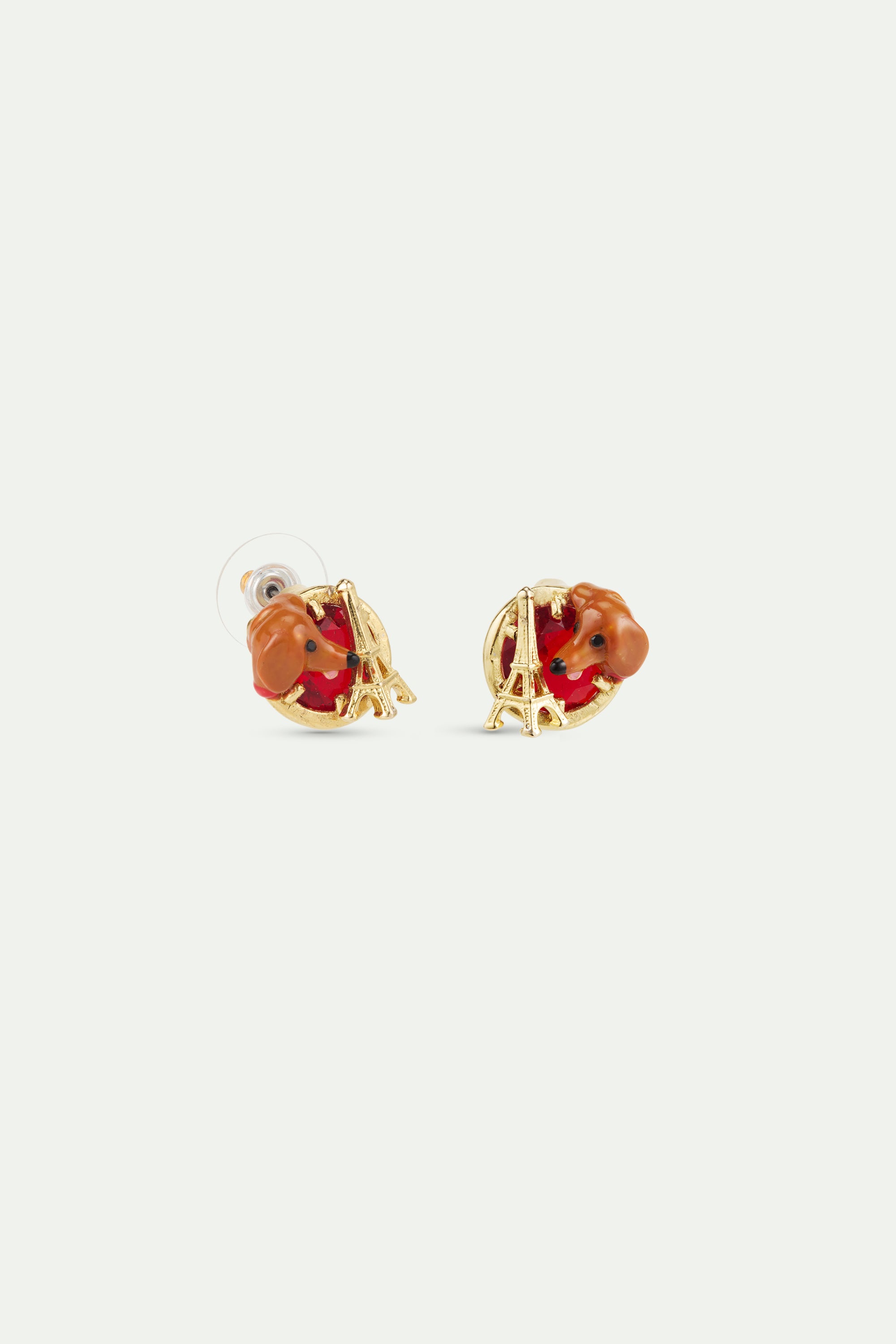 Boucles d'oreilles tiges teckel, tour Eiffel, pierre ronde rouge