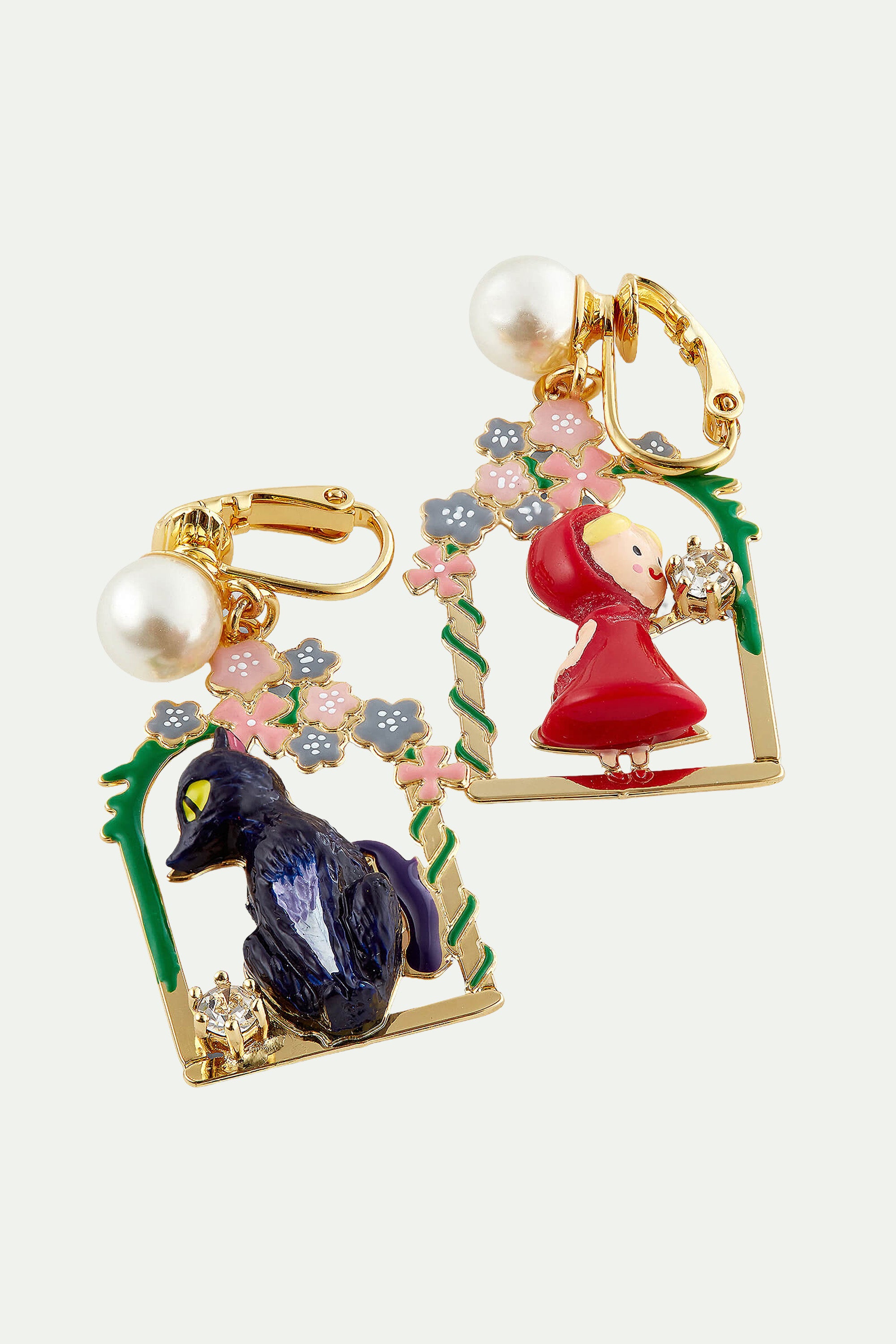 Pearl, Little Red Riding Hood and Big Bad Wolf clip-on earrings