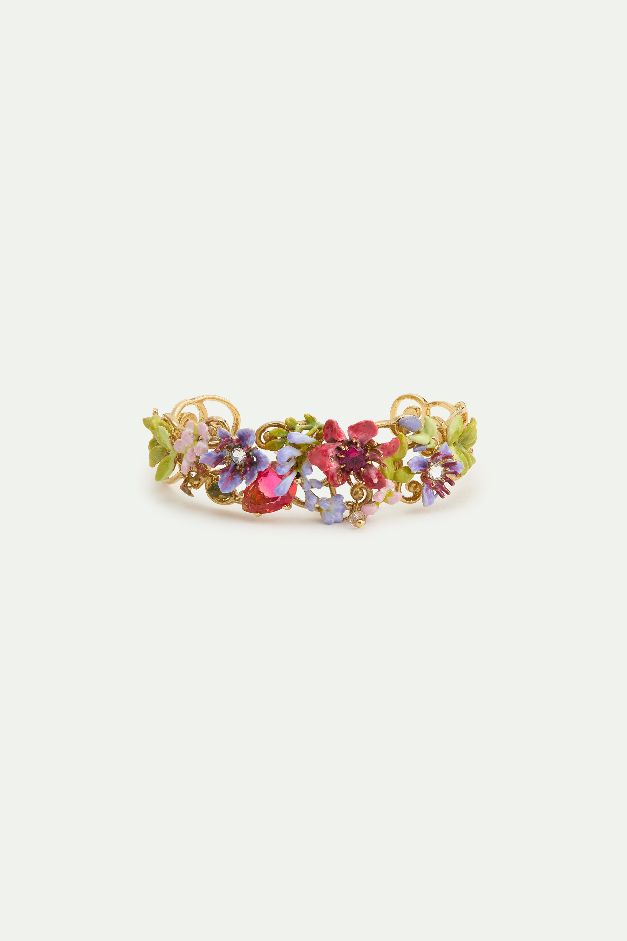 Cuff bracelet with pink and purple arabesque, ivy, pink and purple clematis, and two-tone faceted glass.