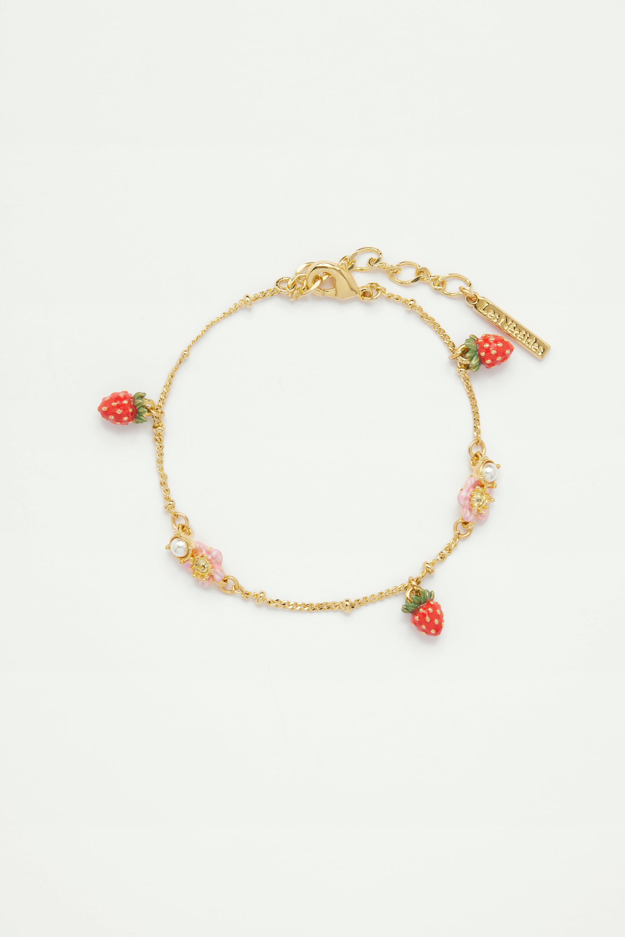 Bracelet charms fraises des bois et fleurs roses