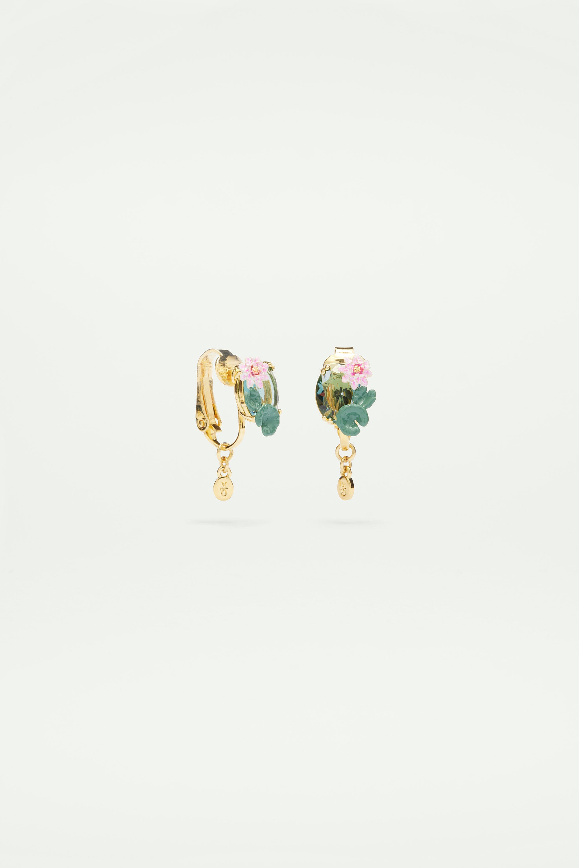 Boucles d'oreilles clips fleur de lotus et pierre bleue