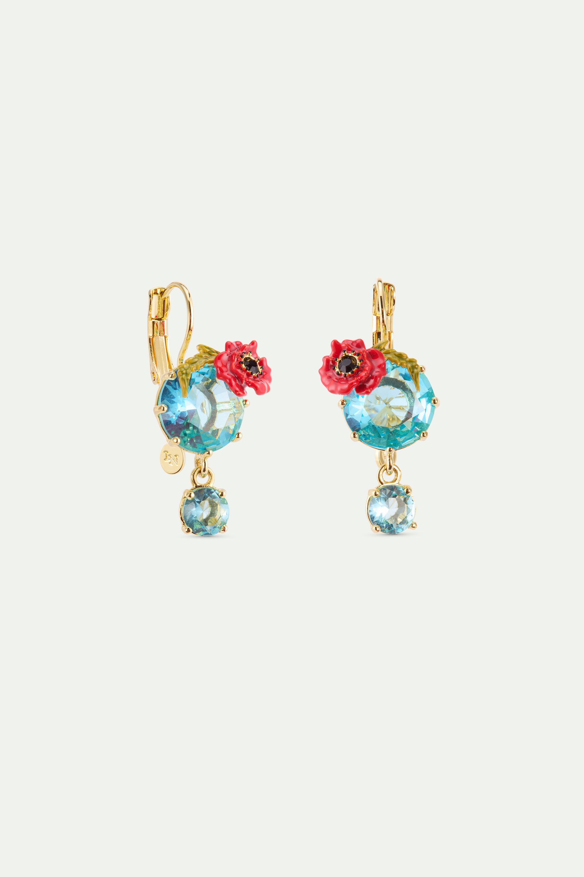 Boucles d'oreilles dormeuses pierres rondes bleues et coquelicot