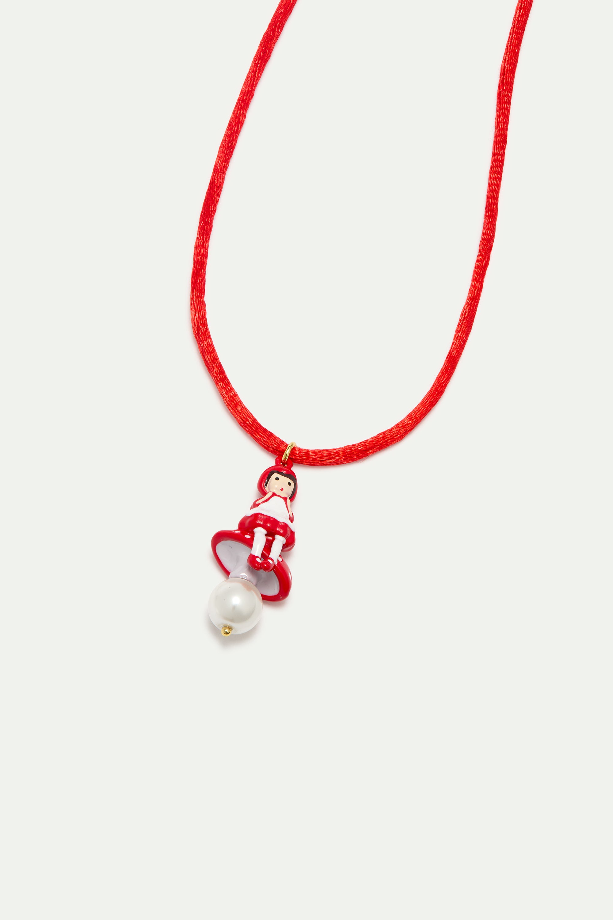 Collier pendentif rouge Petit Chaperon Rouge, champignon et perle fantaisie