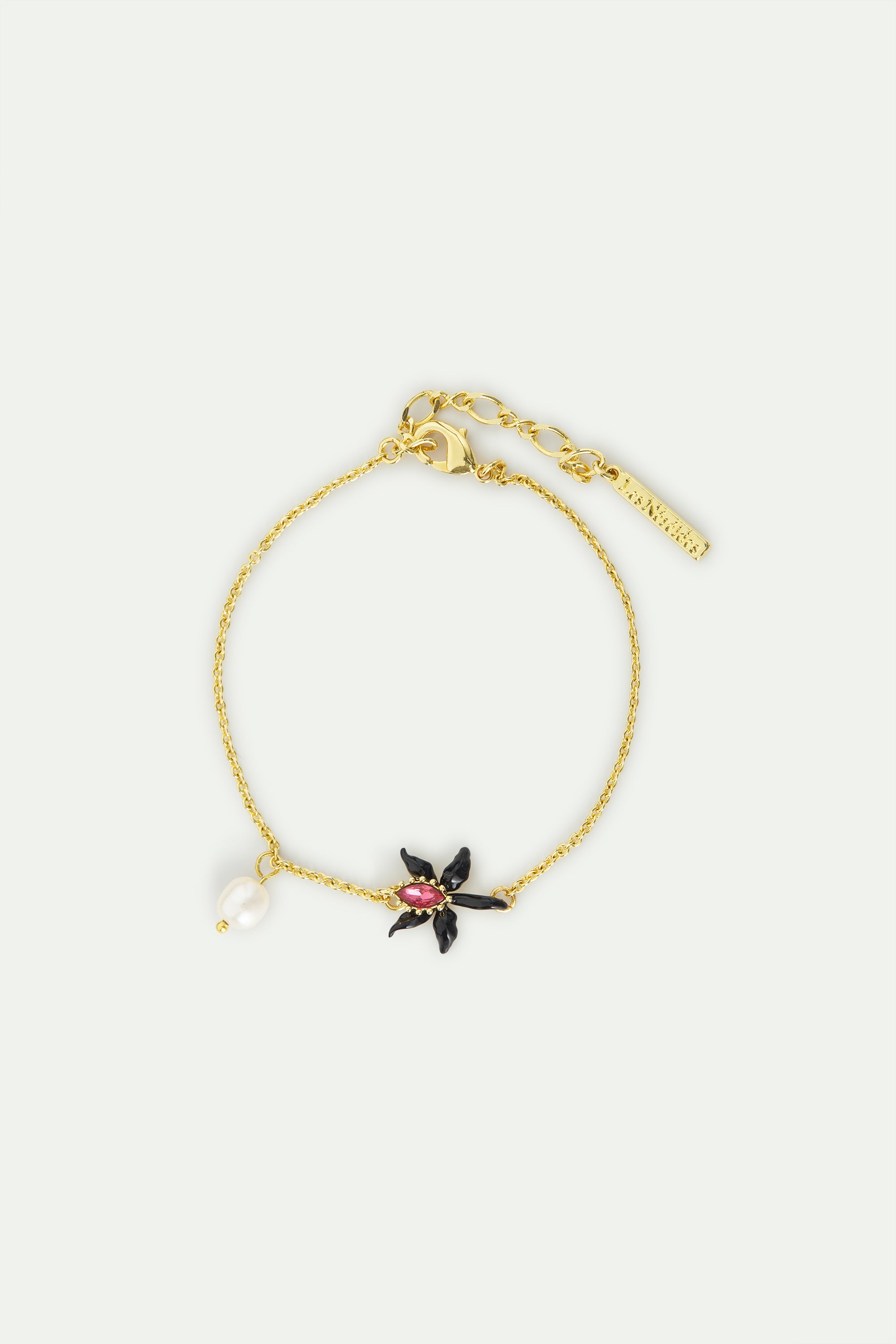 Fine bracelet with black orchid, pink faceted crystal and cultured pearl