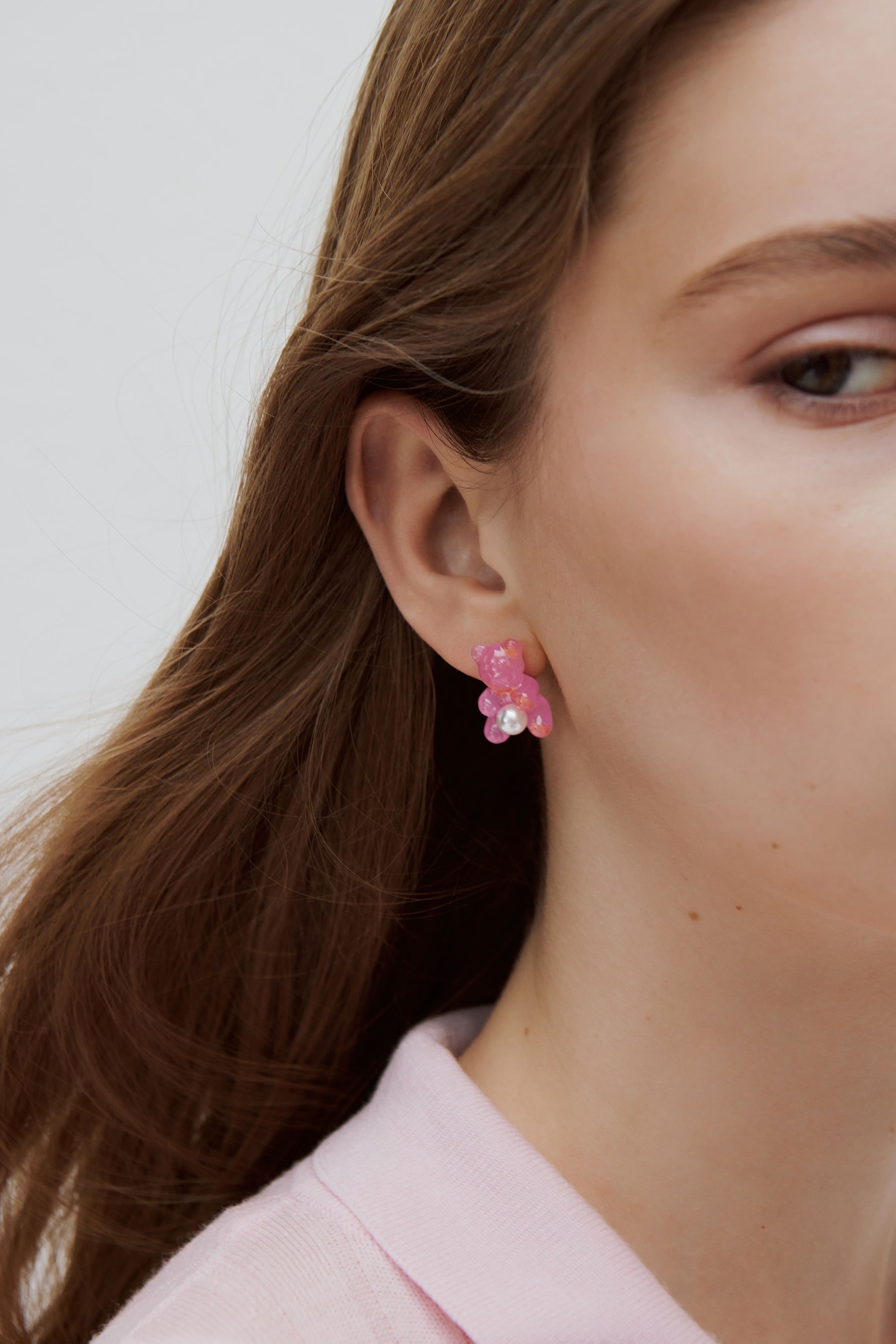 Blue teddy bear sweet, rose and white imitation pearl earrings