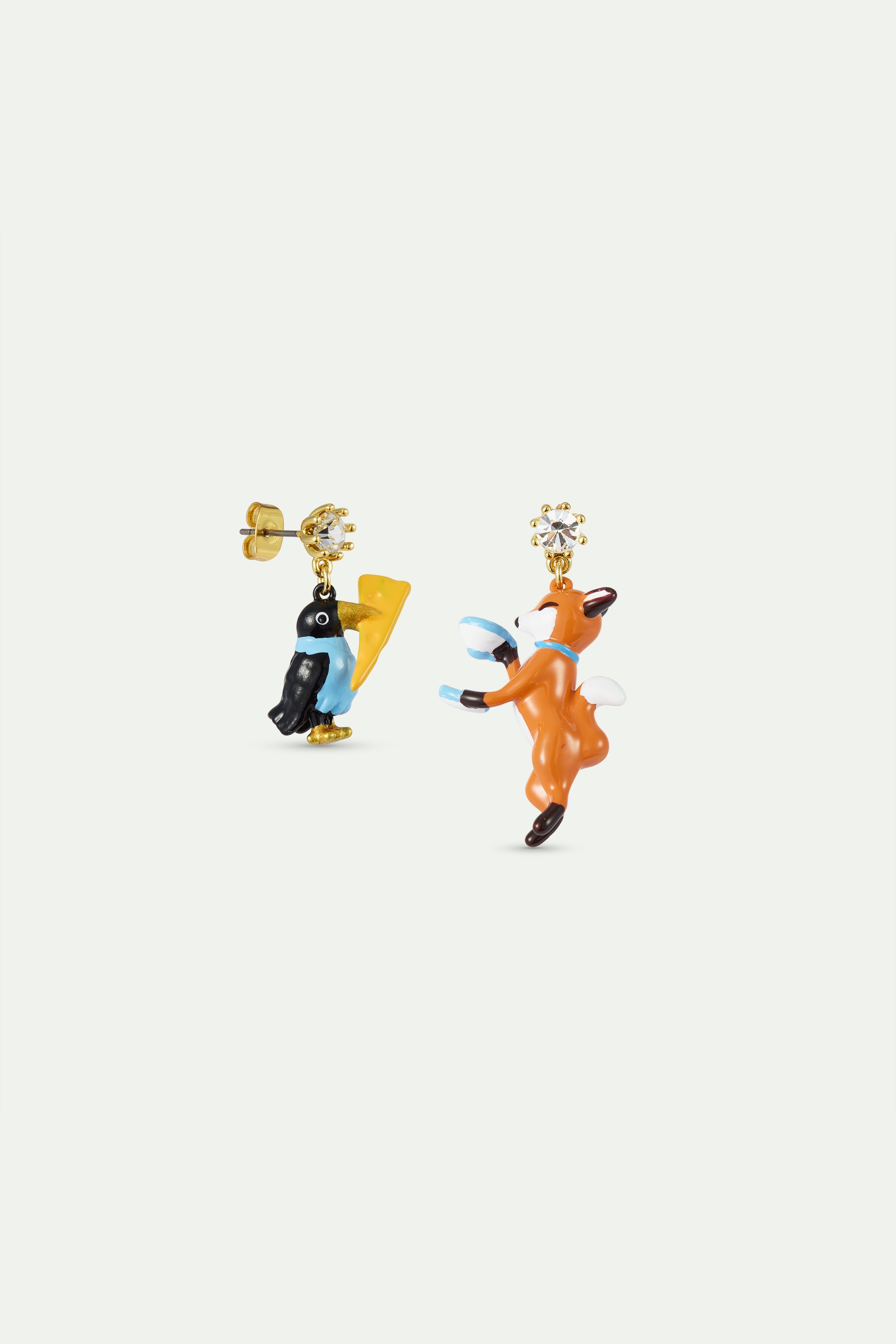 Boucles d'oreilles asymétriques Le Corbeau et le Renard, cristal facetté