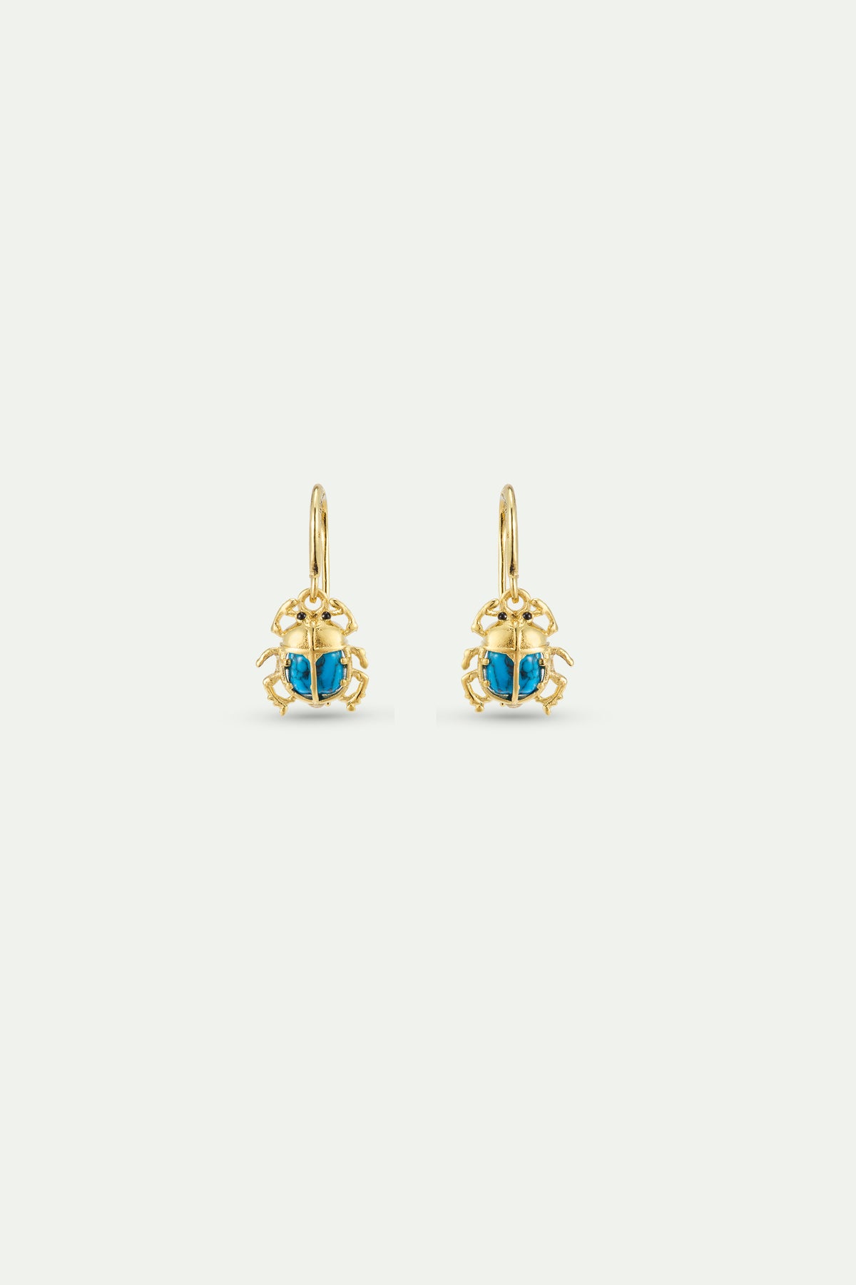 Turquoise and gold beetle hook earrings