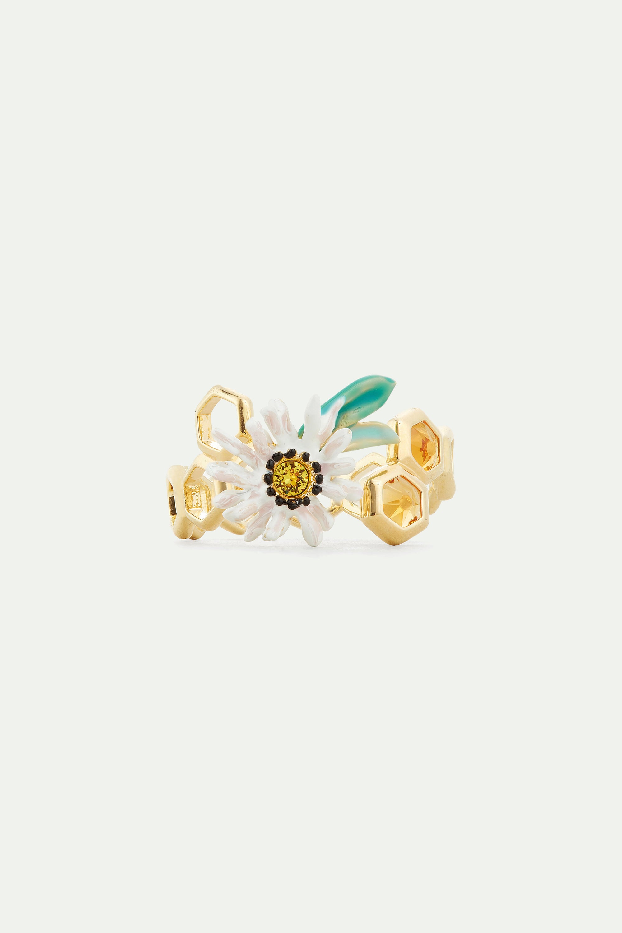 Bague ajustable marguerite et alvéoles de miel