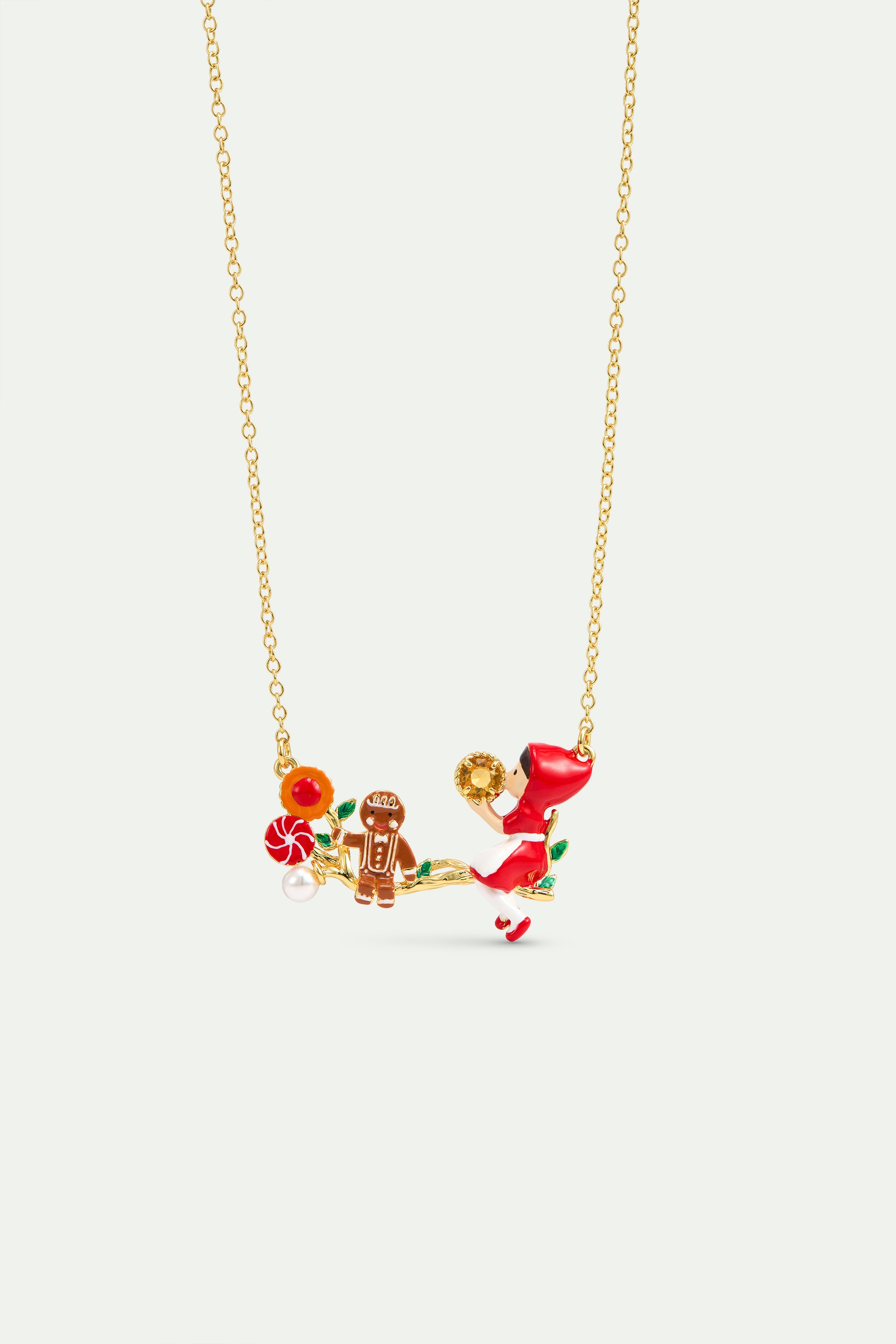 Collier pendentif Petit Chaperon Rouge, bonhomme pain d'épice et bonbons
