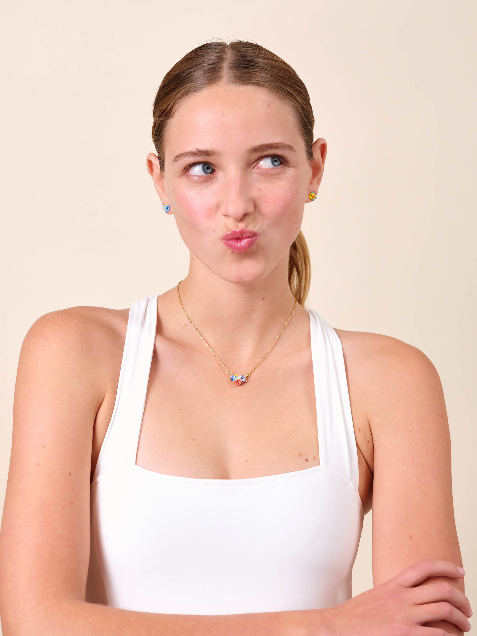 Blue fish and pink anemone pendant necklace