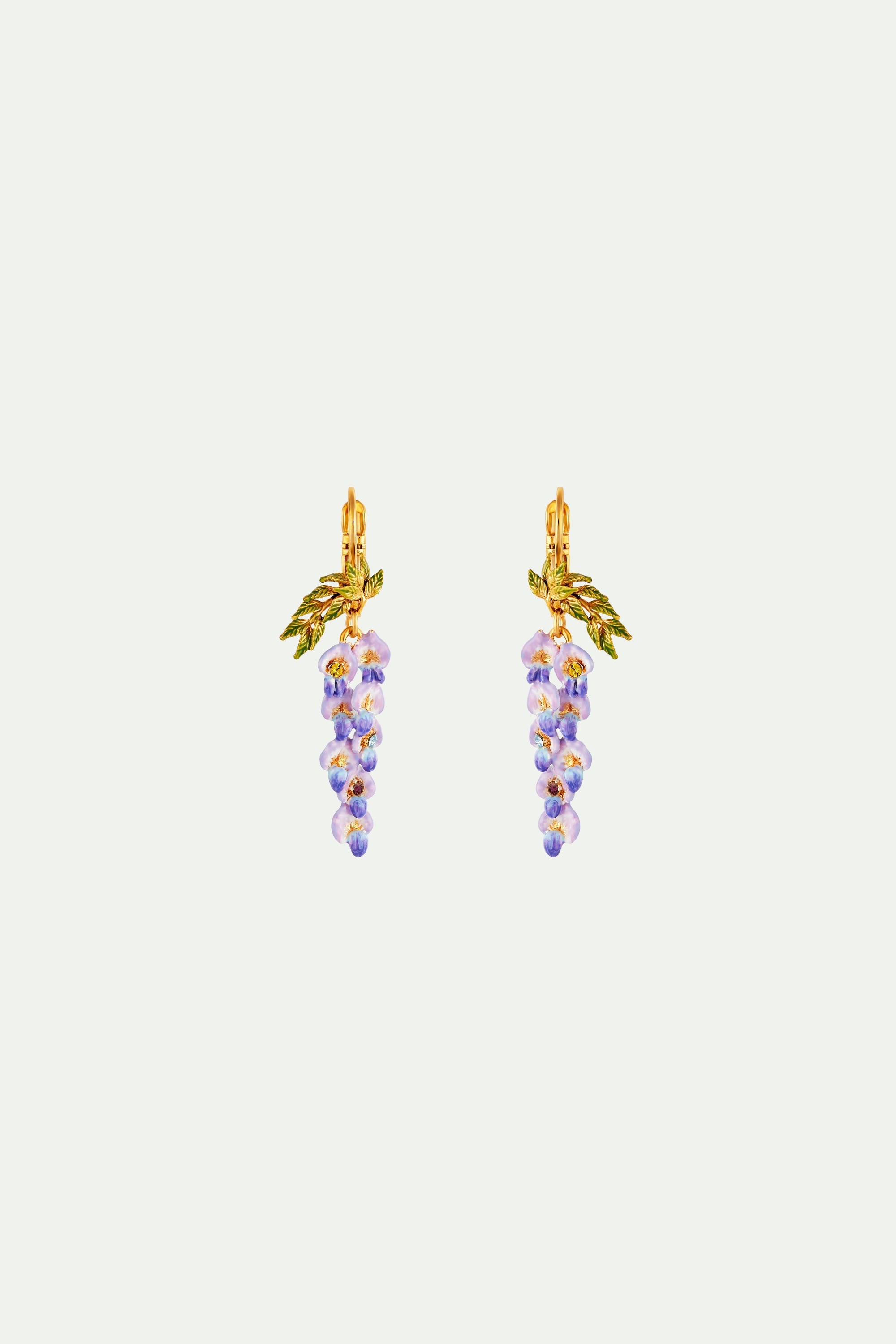 Boucles d'oreilles pendantes dormeuses fleur de glycine et feuillage
