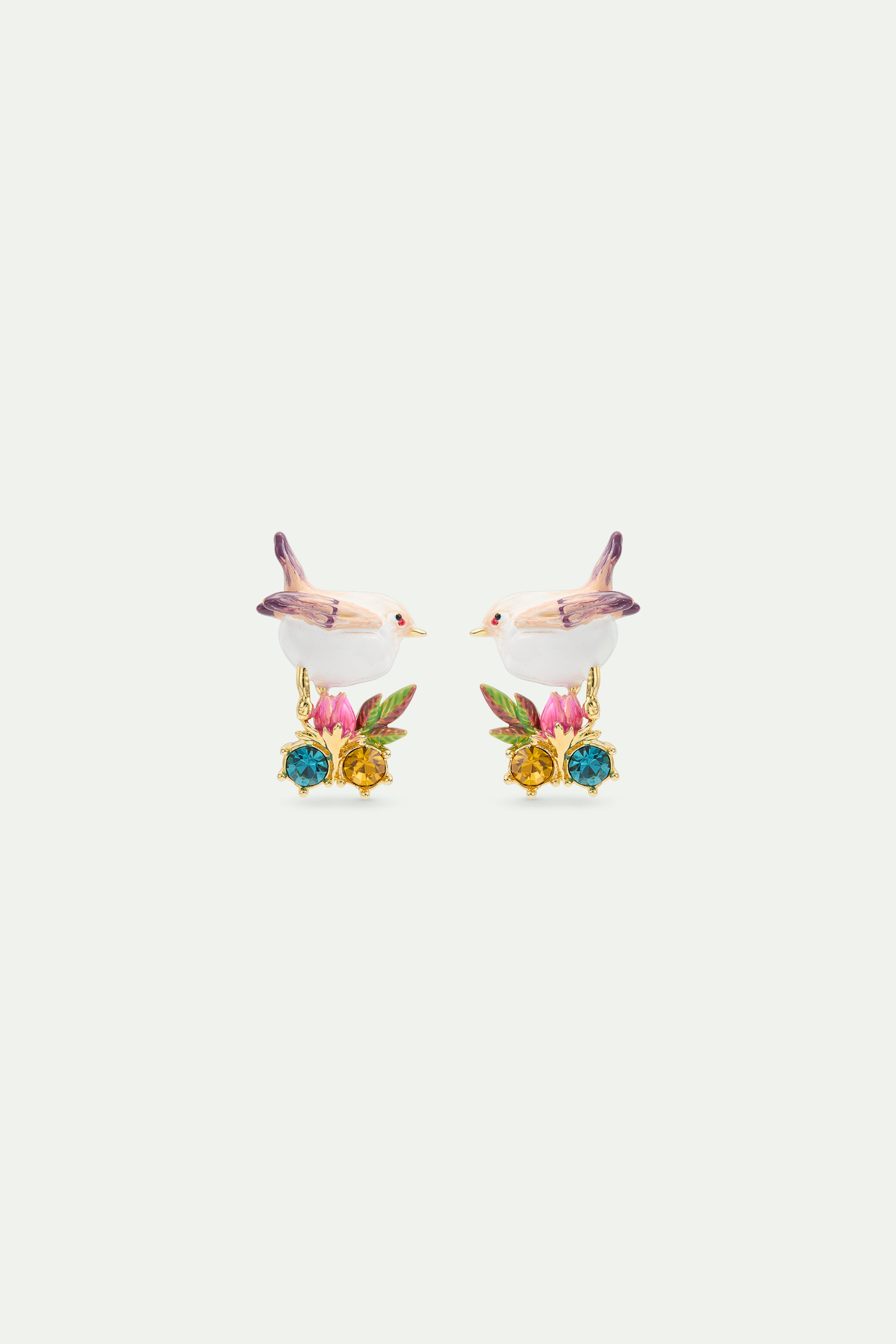 Boucles d’oreilles tiges plectrophane des neiges, bouton de rose et cristaux