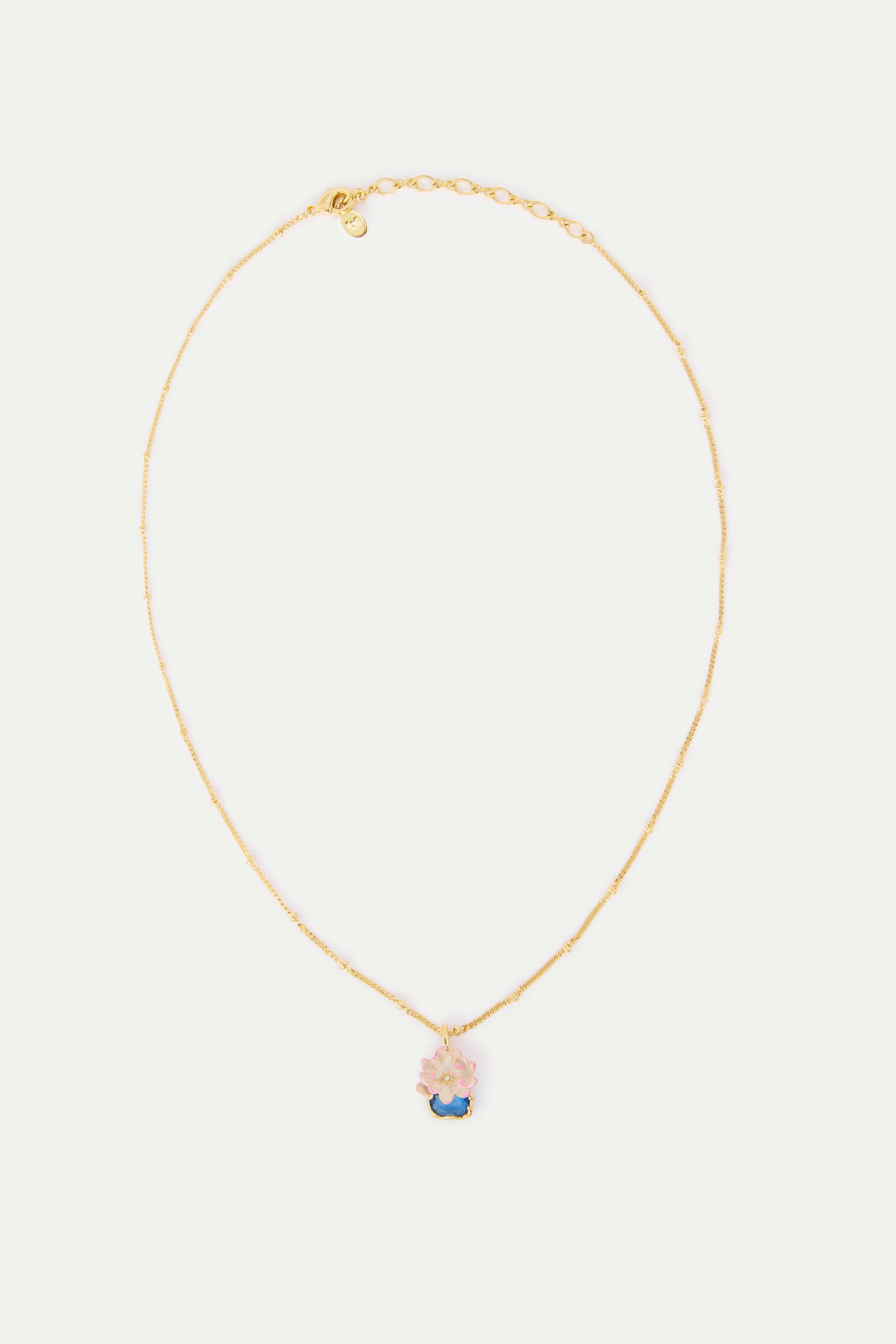 Pink water lily and round blue stone pendant necklace