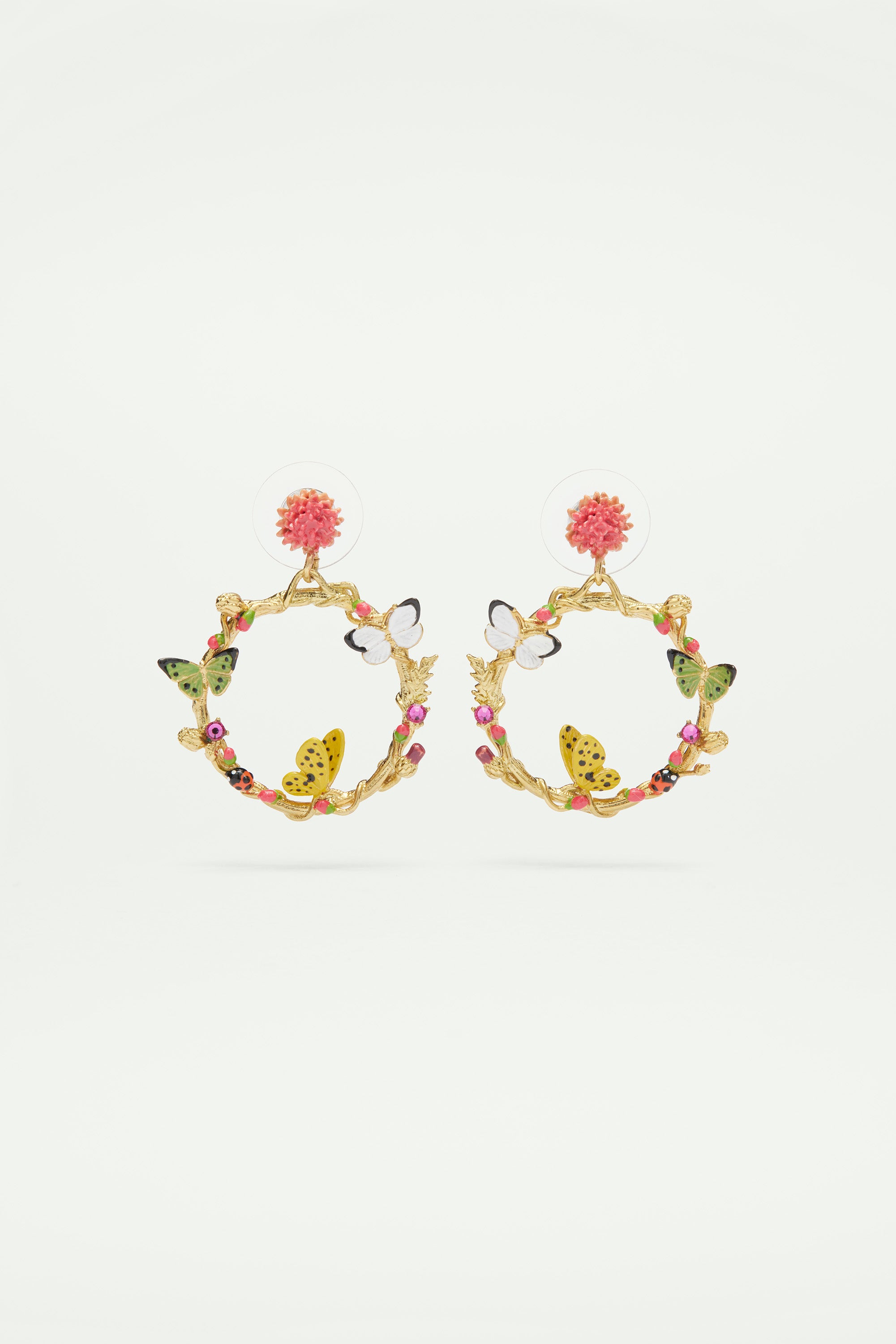 Enamelled butterfly and vegetal elements dangling post earrings