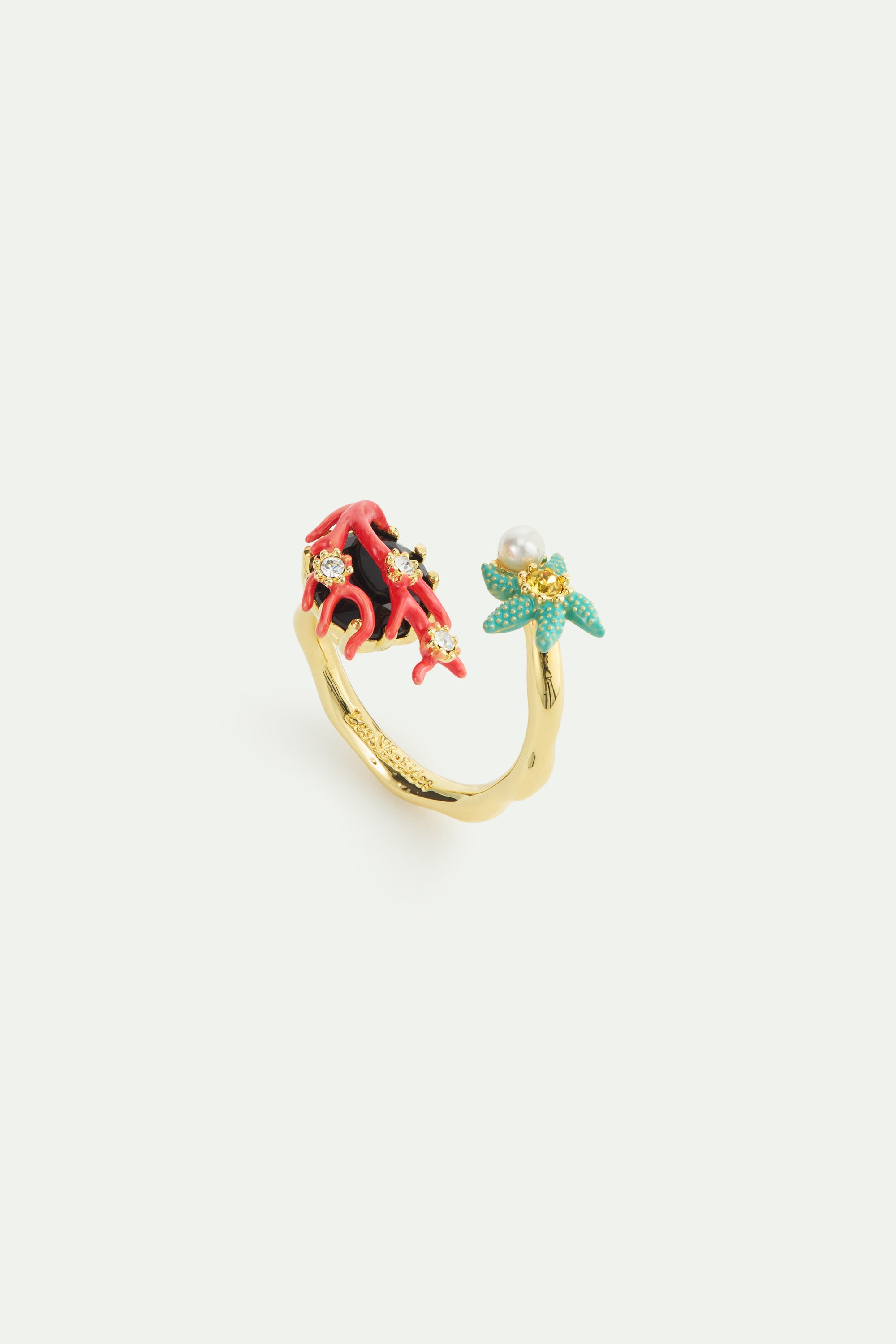 Bague ajustable pierre facettée noire, corail, étoile de mer et perle de culture