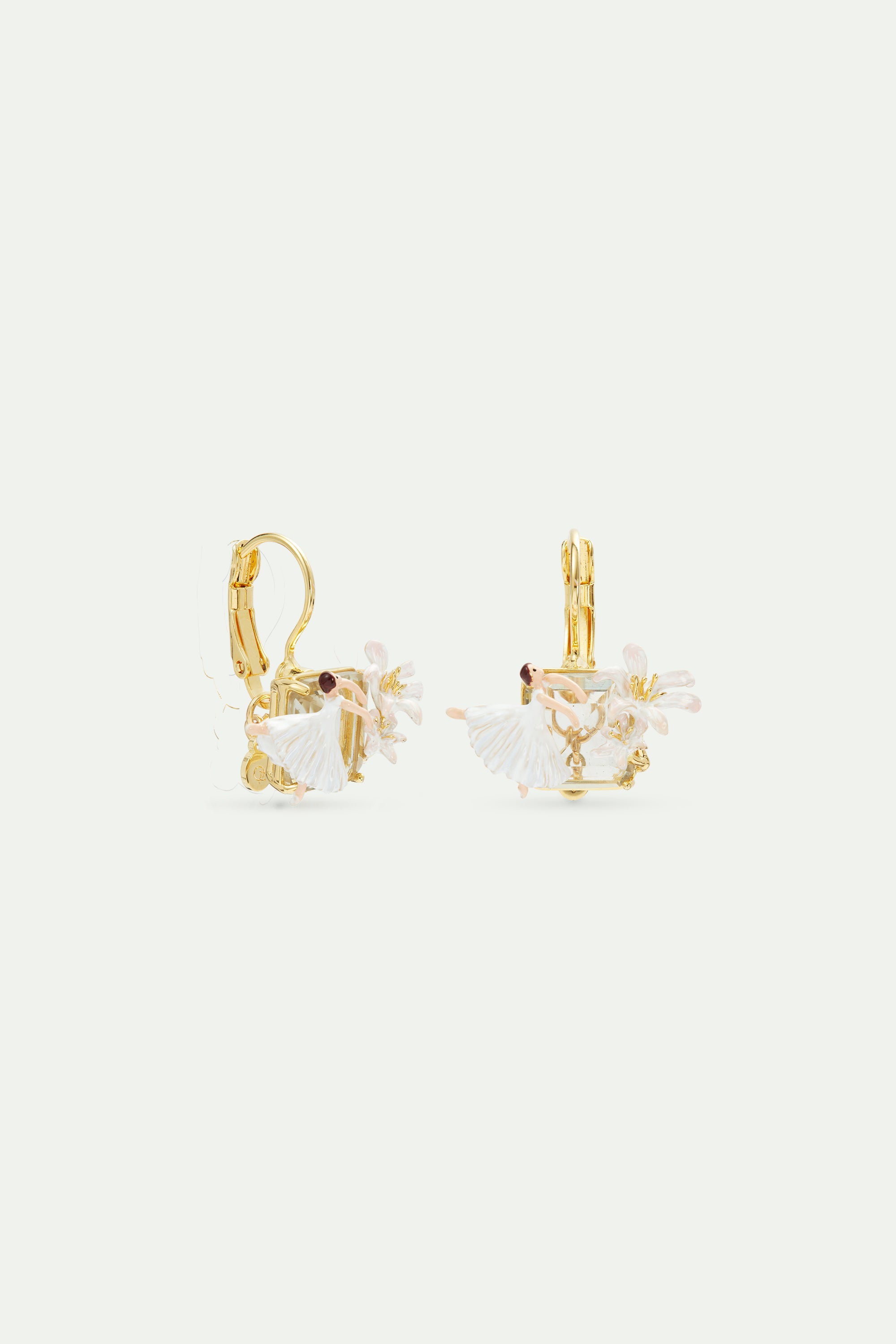 Boucles d'oreilles dormeuses pierre facettée, Ballerine et Fleur de Lys blanche