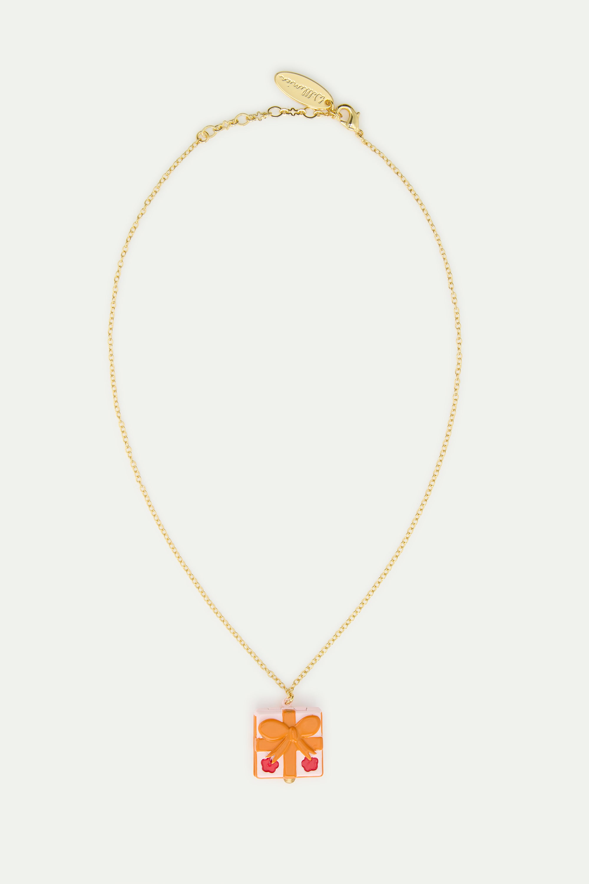 Pendant necklace with pink gift box, red flower and orange bow