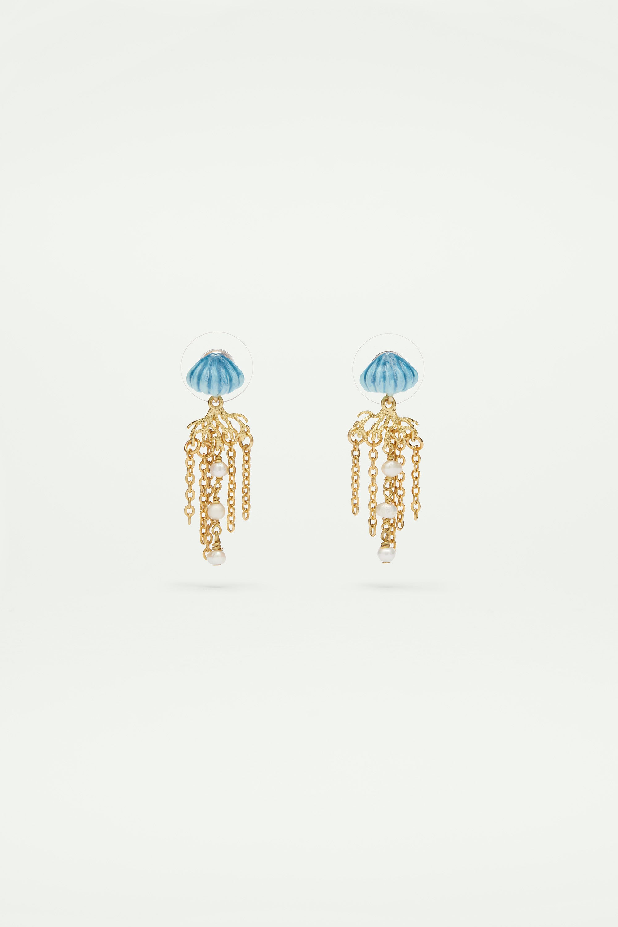 Boucles d'oreilles pendantes tiges méduse bleue et dorée