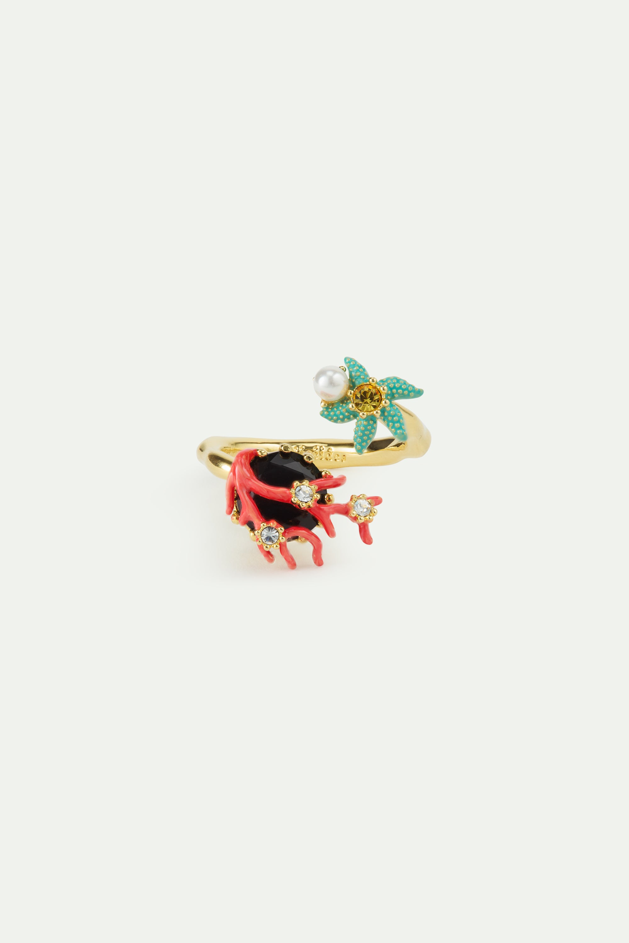 Bague ajustable pierre facettée noire, corail, étoile de mer et perle de culture