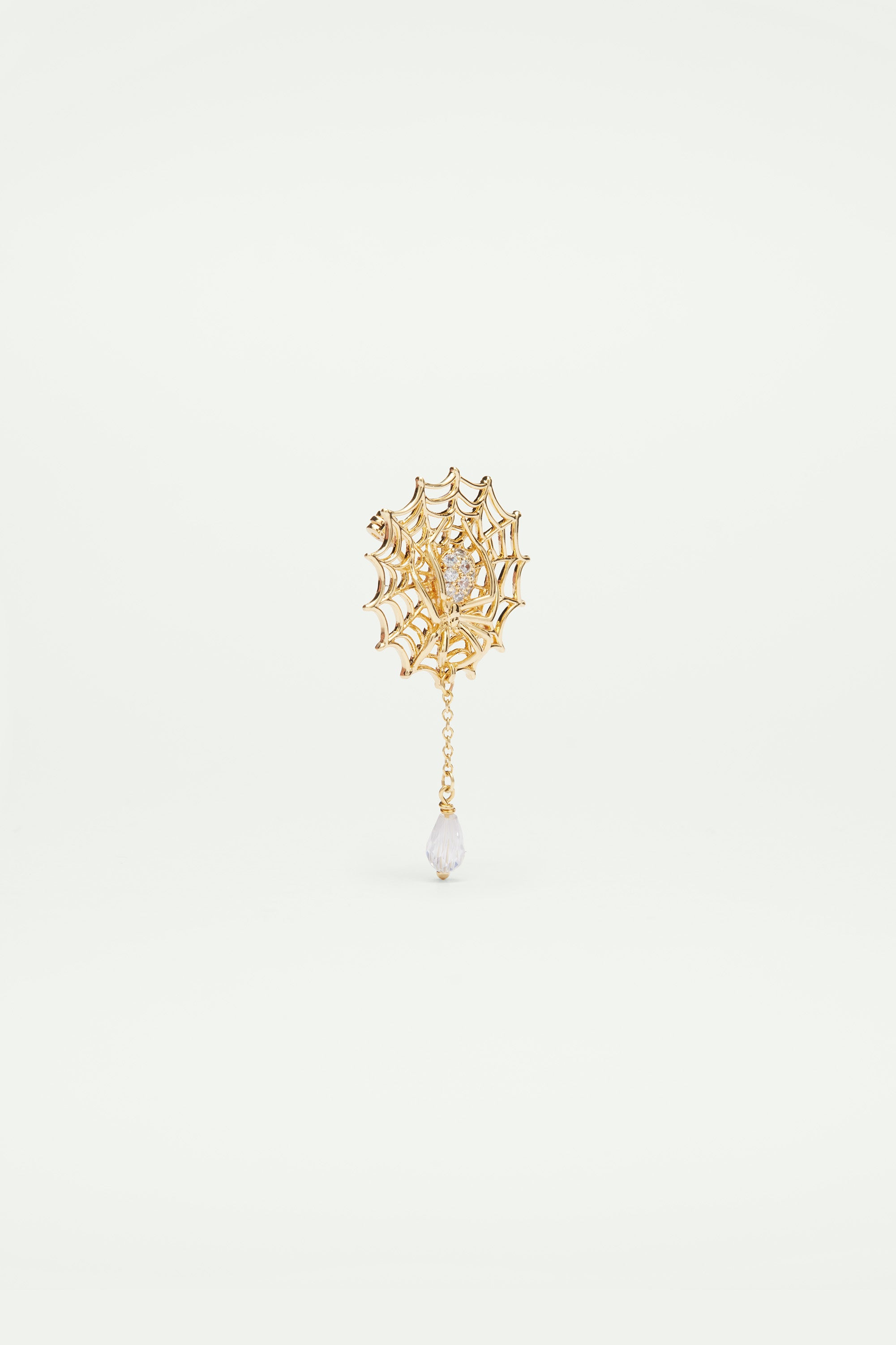 Spider's web and cut crystal dangling brooch