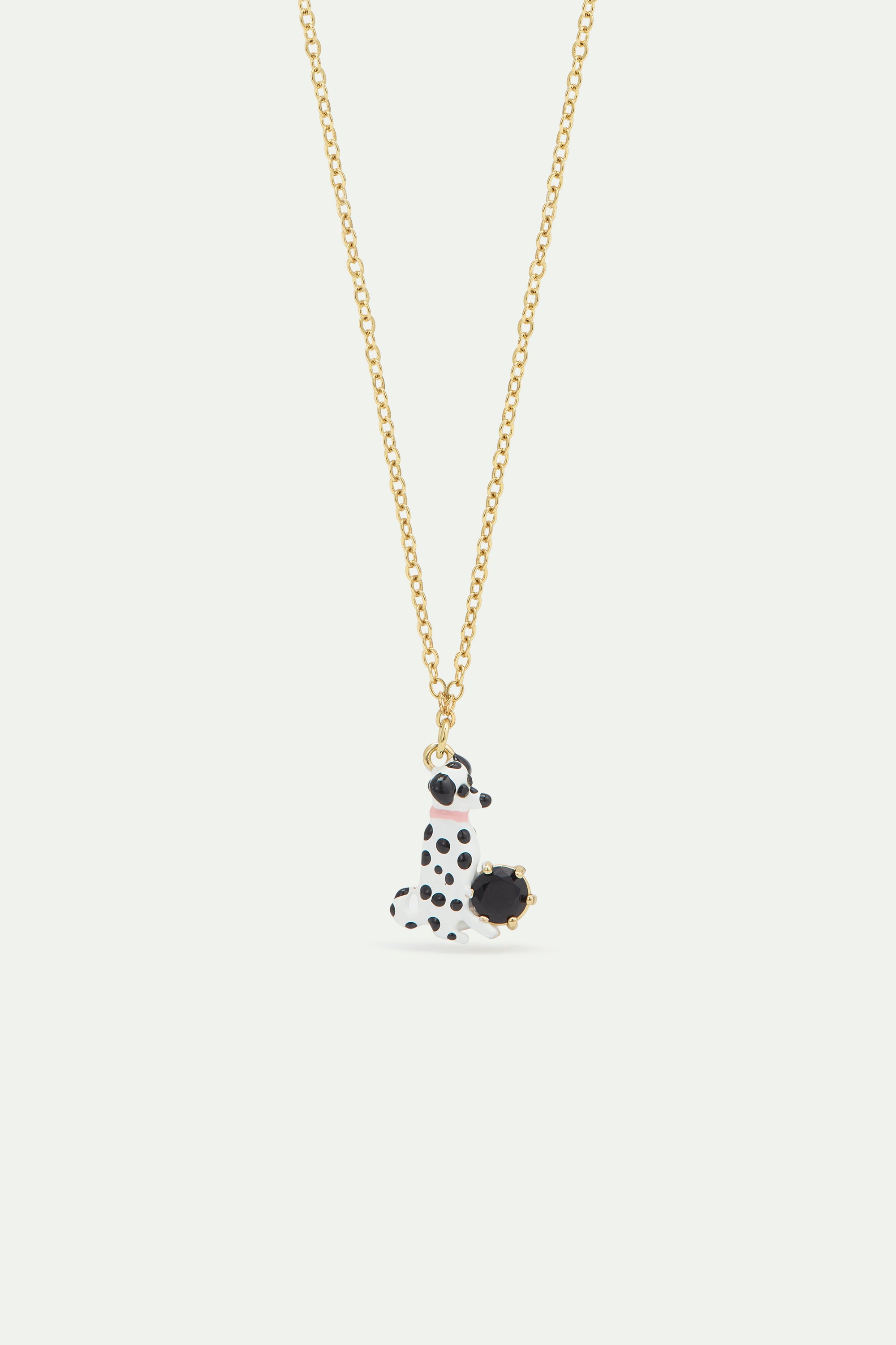 ダルメシアン　Dalmatian　ネックレス　WISP　K10 WG Dalmatian and black round faceted glass stone pendant necklace