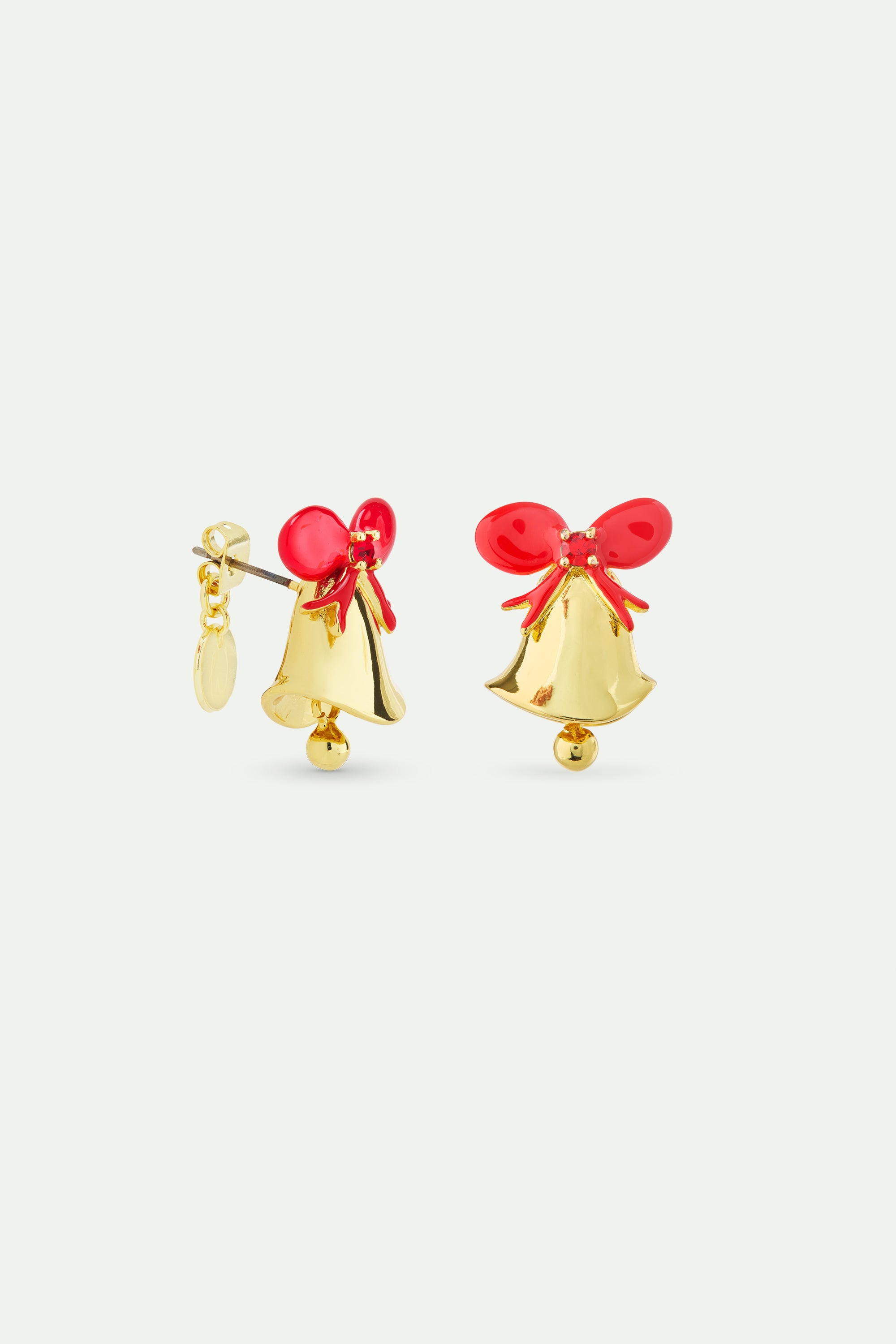 Boucles d'oreilles cloche dorée, noeud rouge et pierre facettée rouge