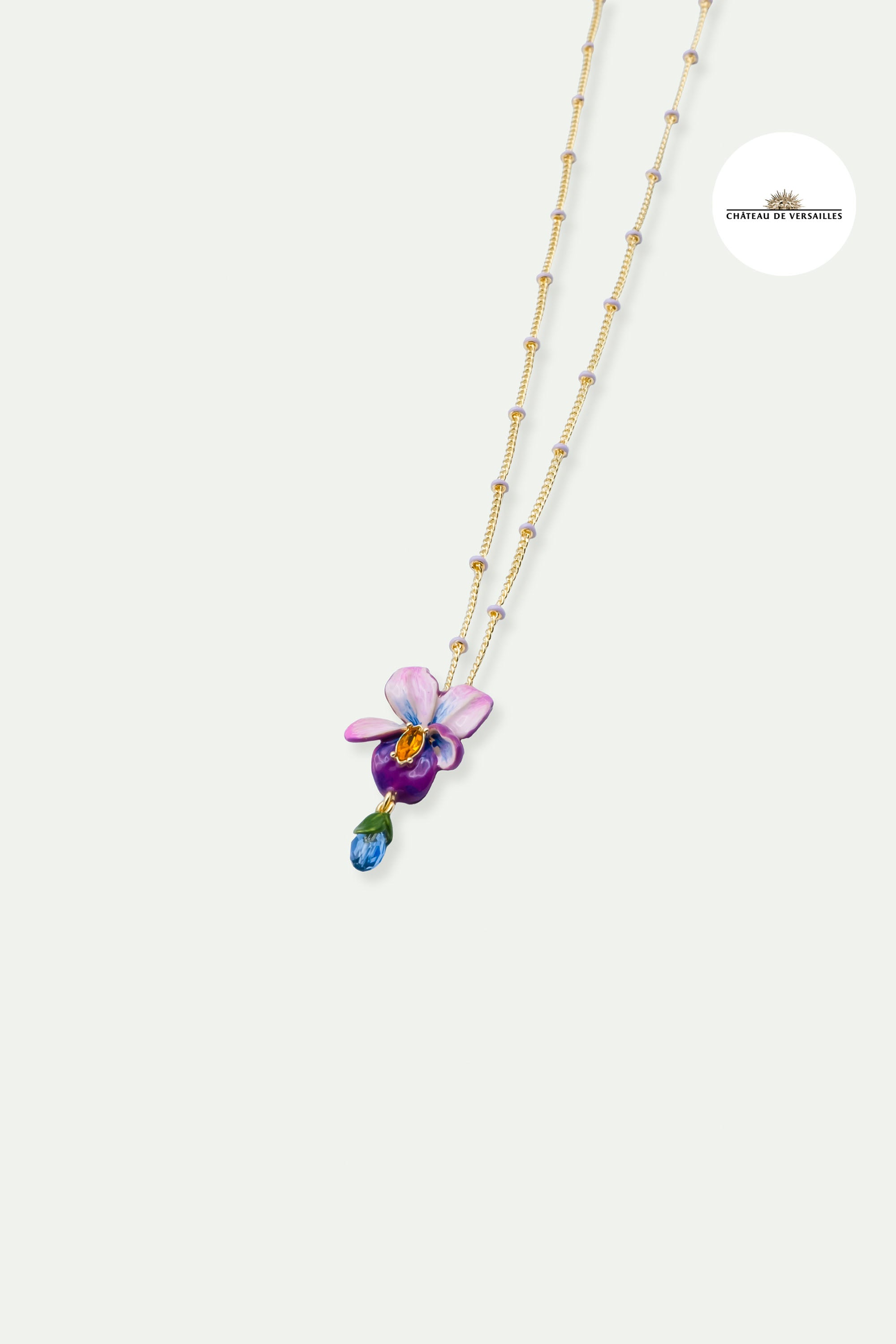 Violet flower and hanging blue stone beaded chain pendant necklace