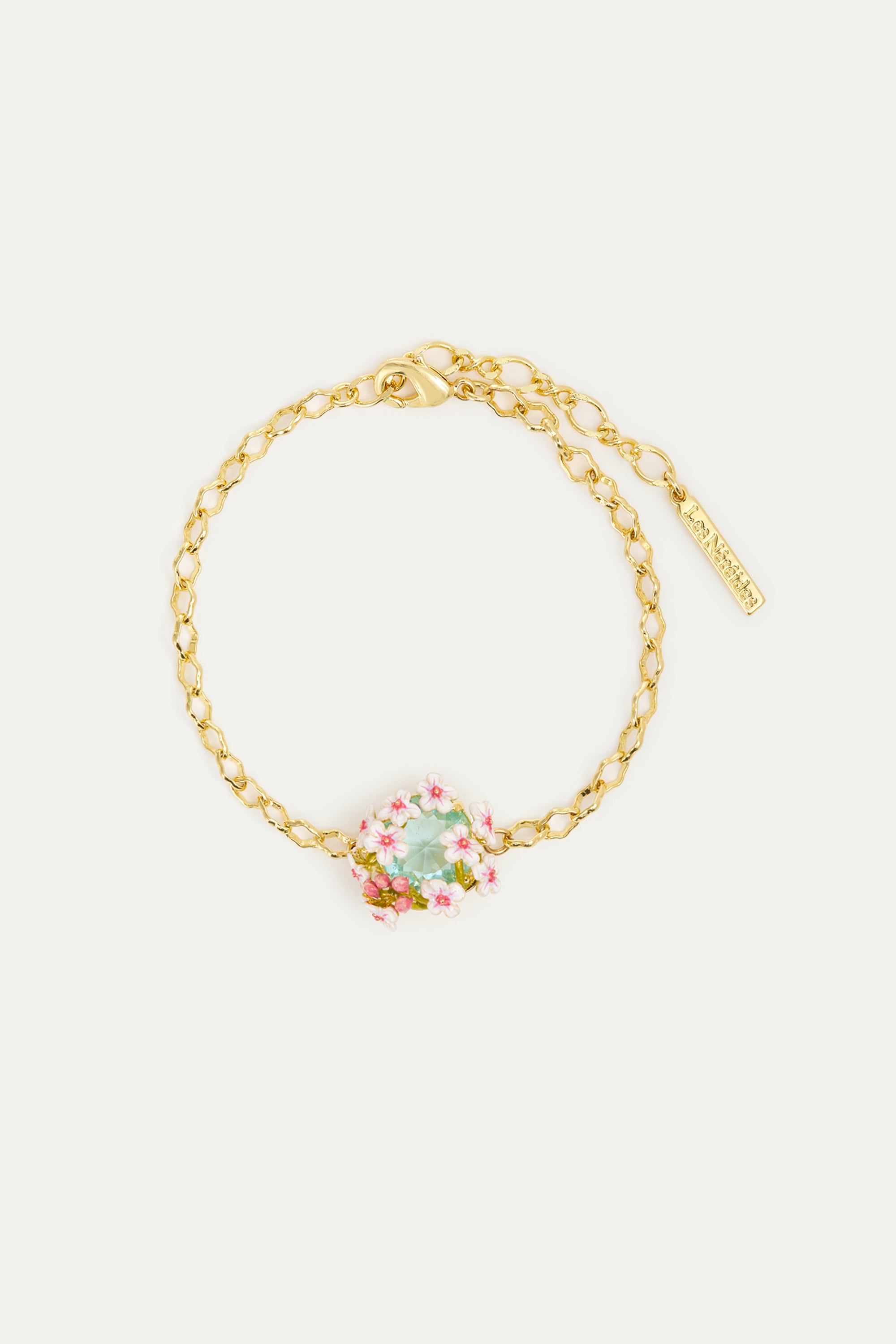 Bracelet pierre ronde facettée bleue et aubépines blanches et roses