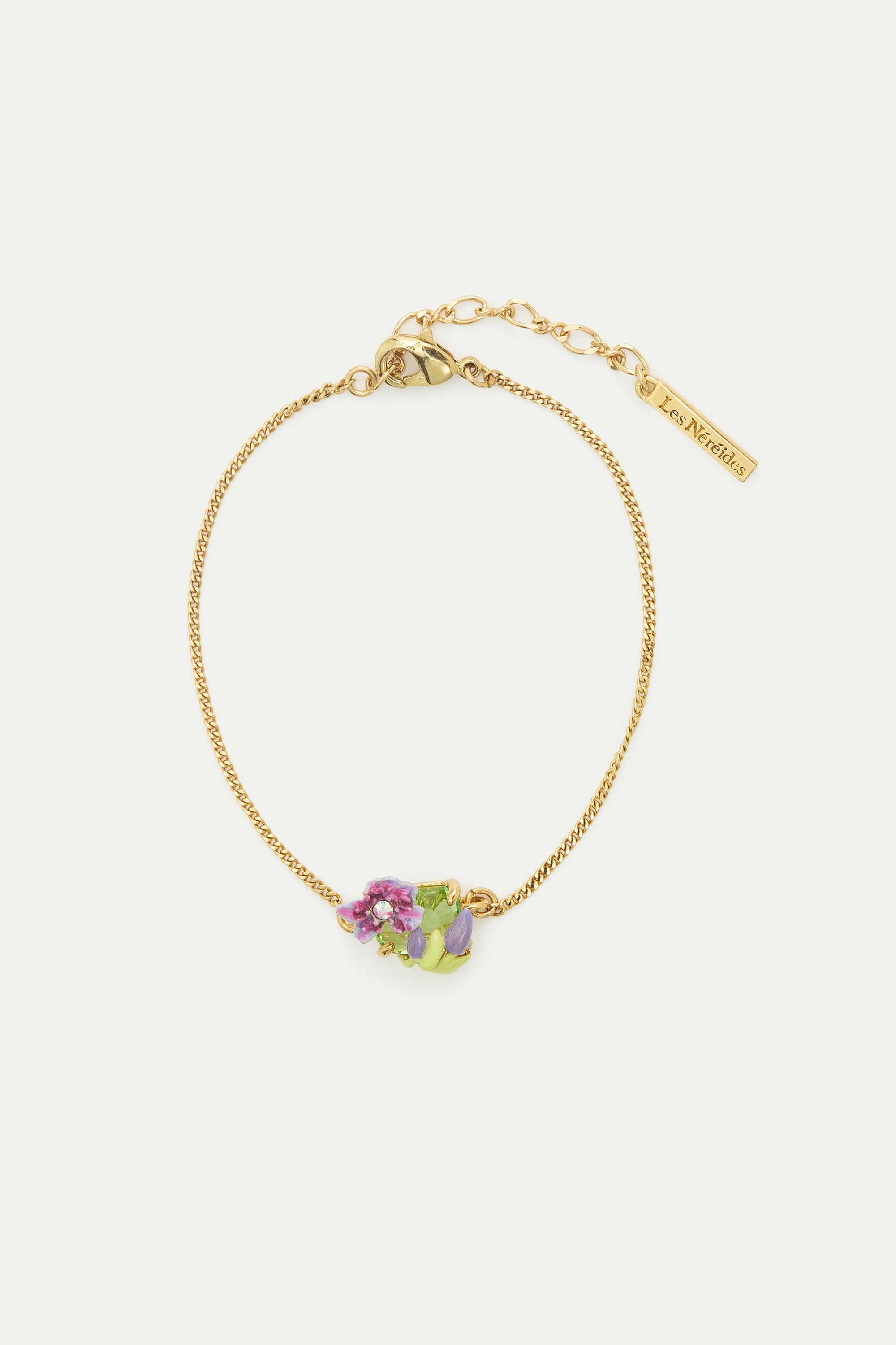 Purple clematis and green emerald-cut crystal pendant bracelet