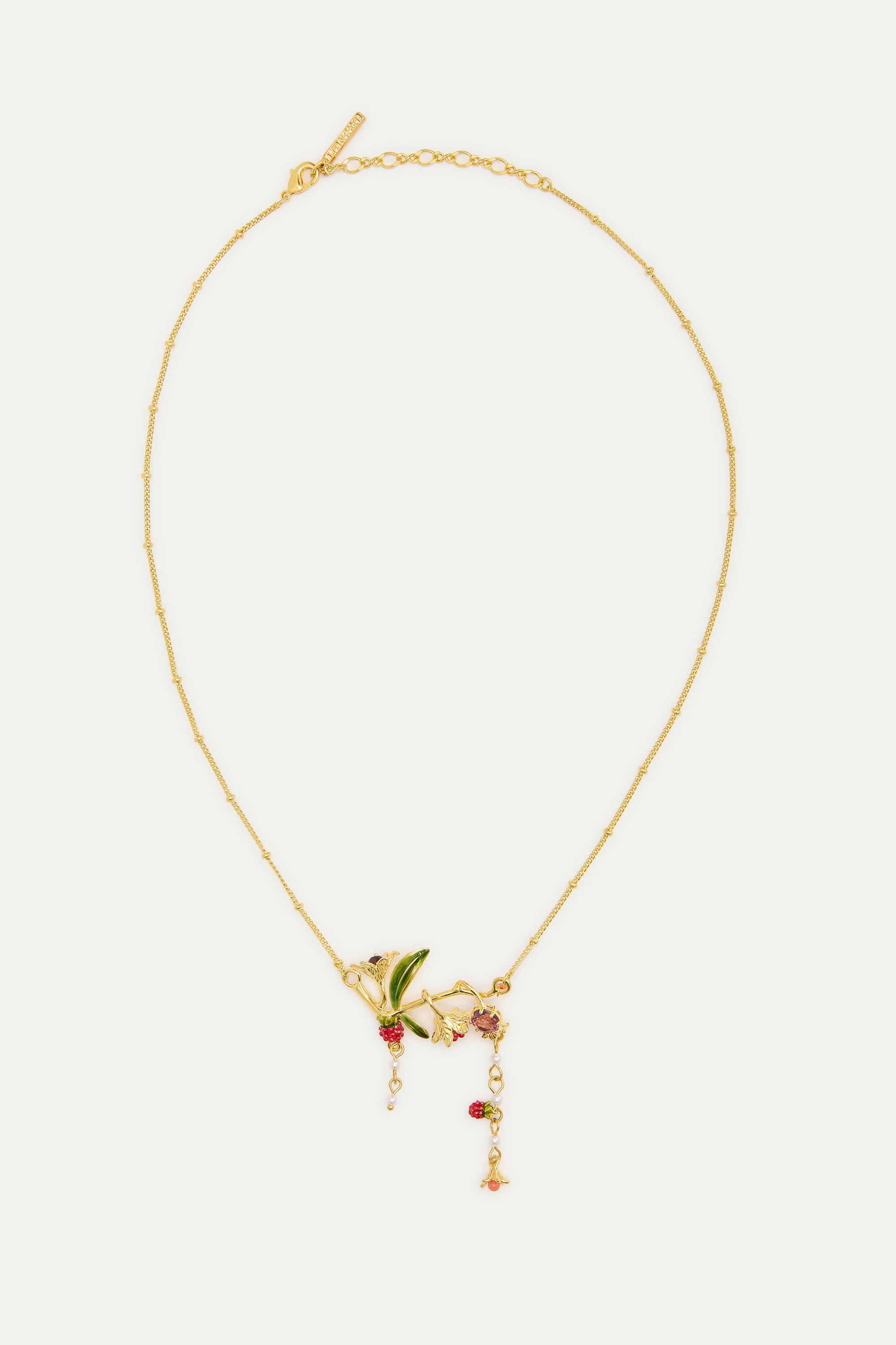 Collier plastron fleurs, framboises, pierre rose et perles