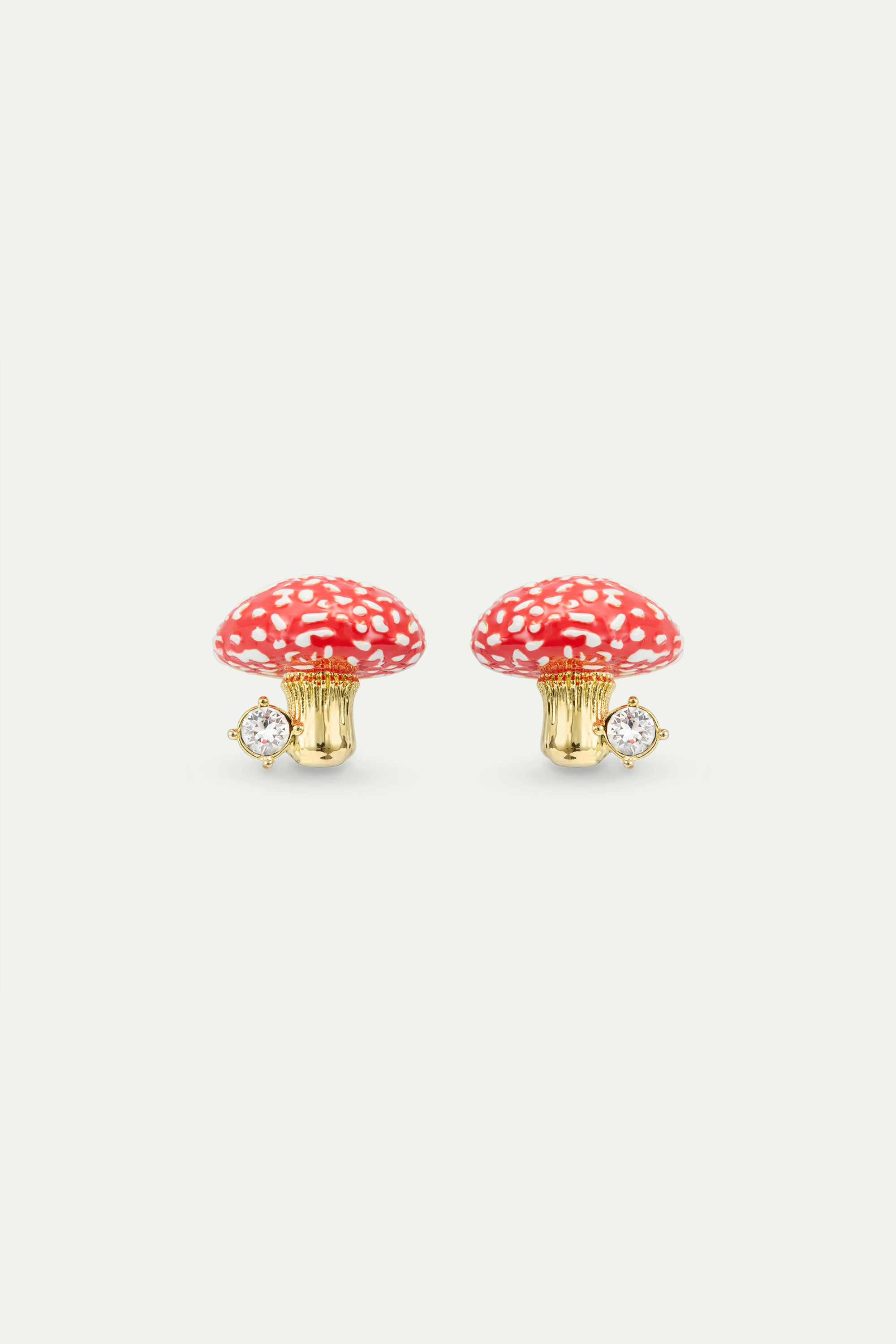 Boucles d'oreilles tiges champignon rouge et doré, et cristal facetté