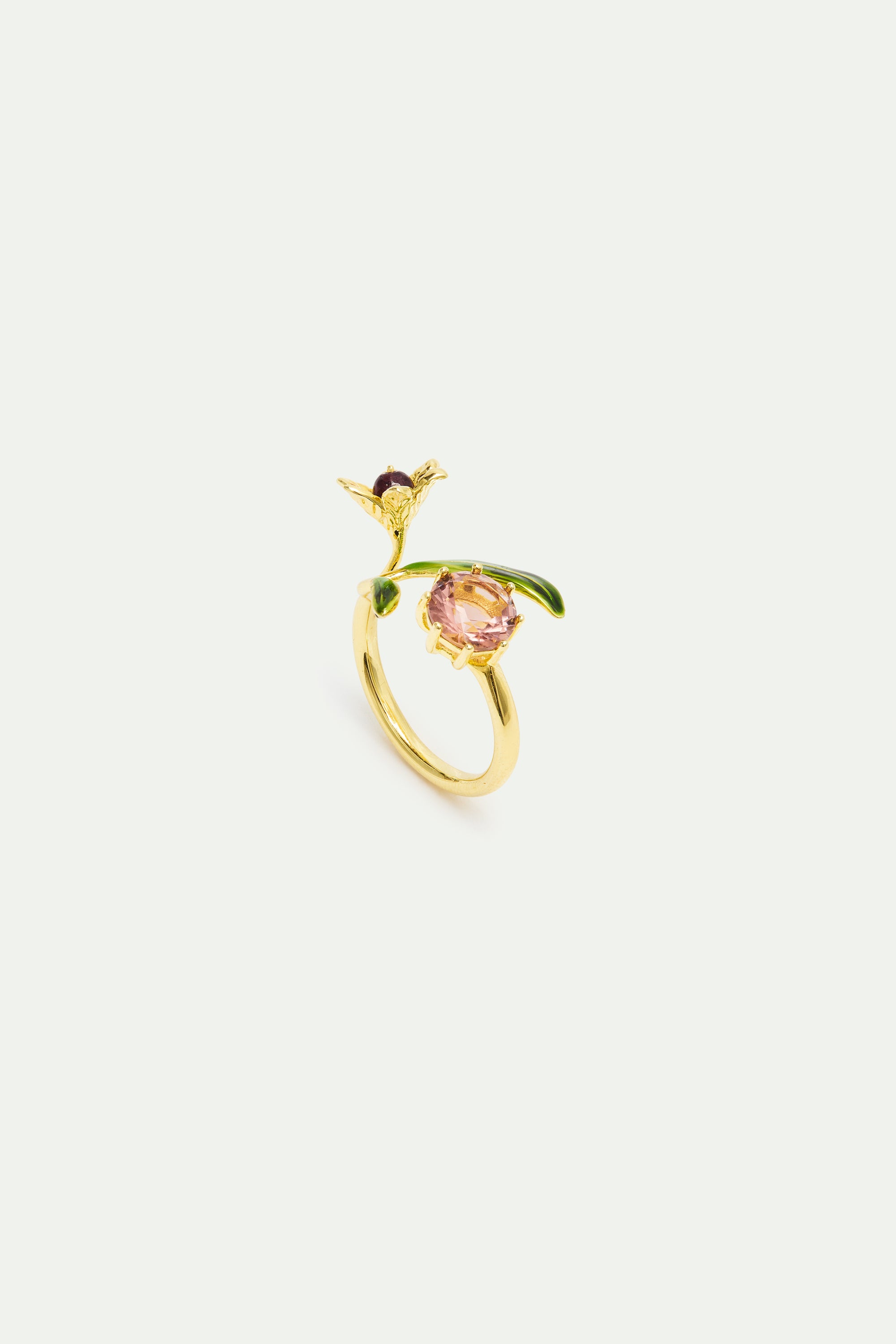 Bague ajustable fleur dorée, perle et pierre ronde rose