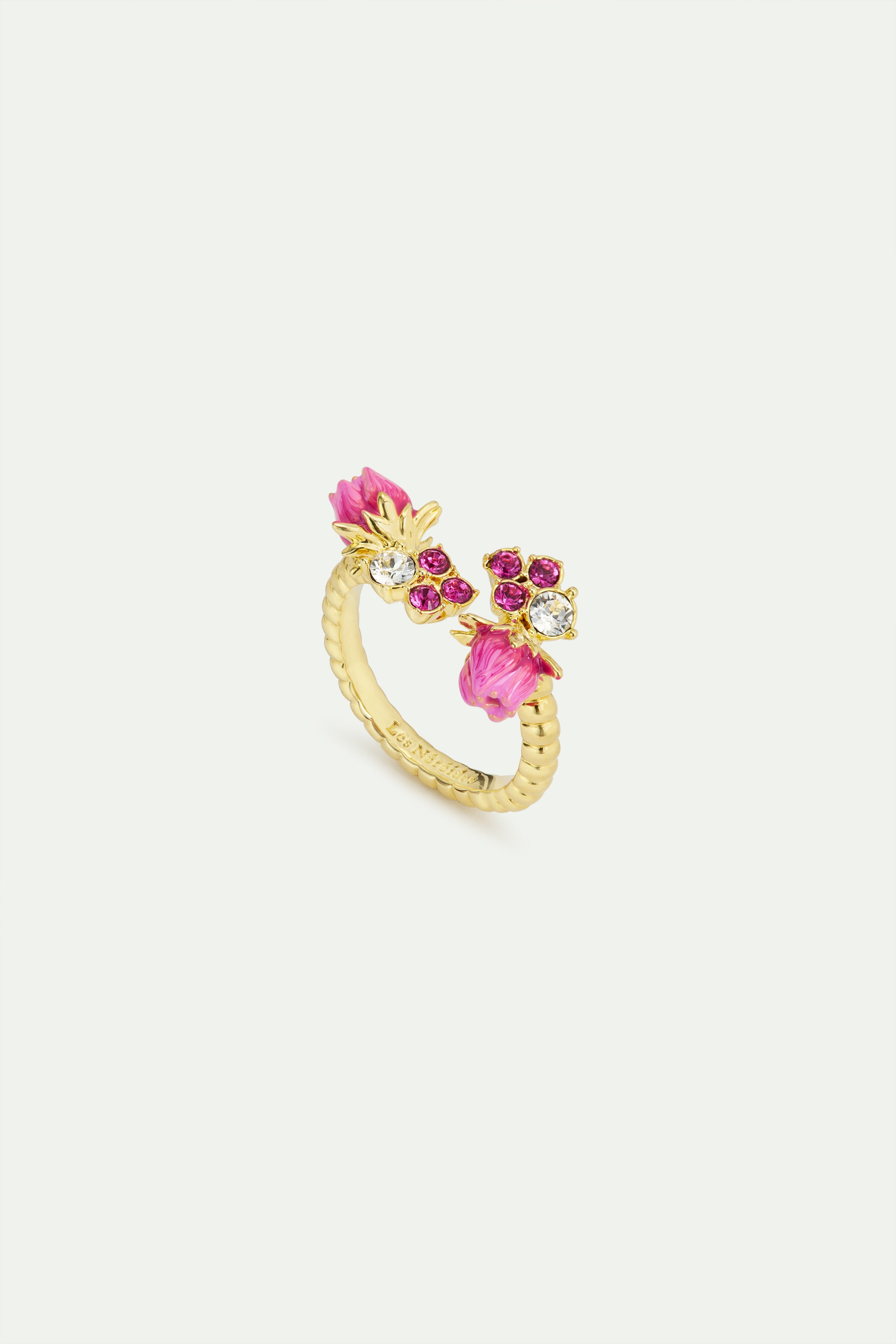 Bague ajustable boutons de rose et cristaux facettés roses