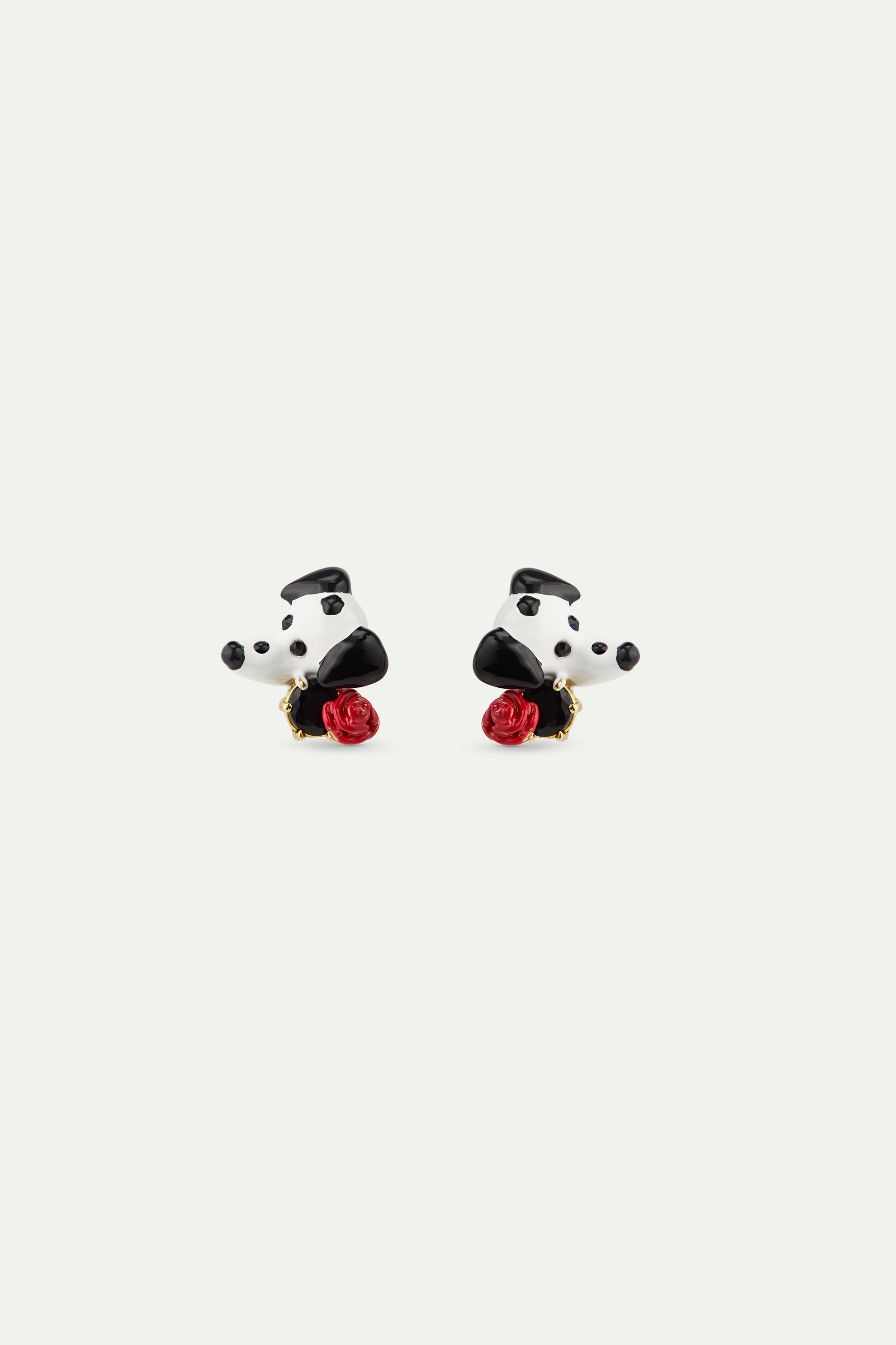 Boucles d'oreilles dalmatien, pierre ronde facettée noire et rose rouge