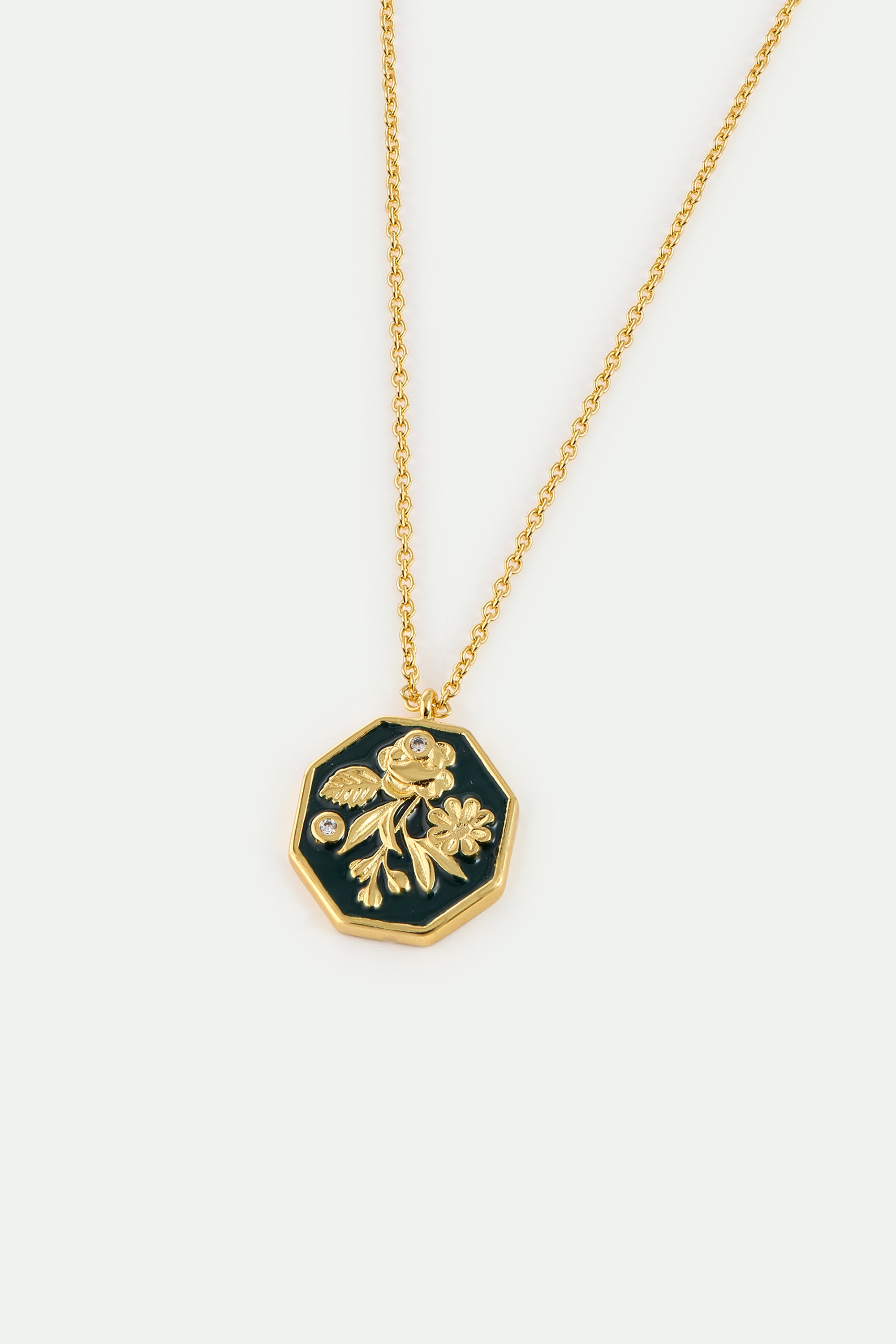 Collier pendentif médaillon vert fleur d'anémone