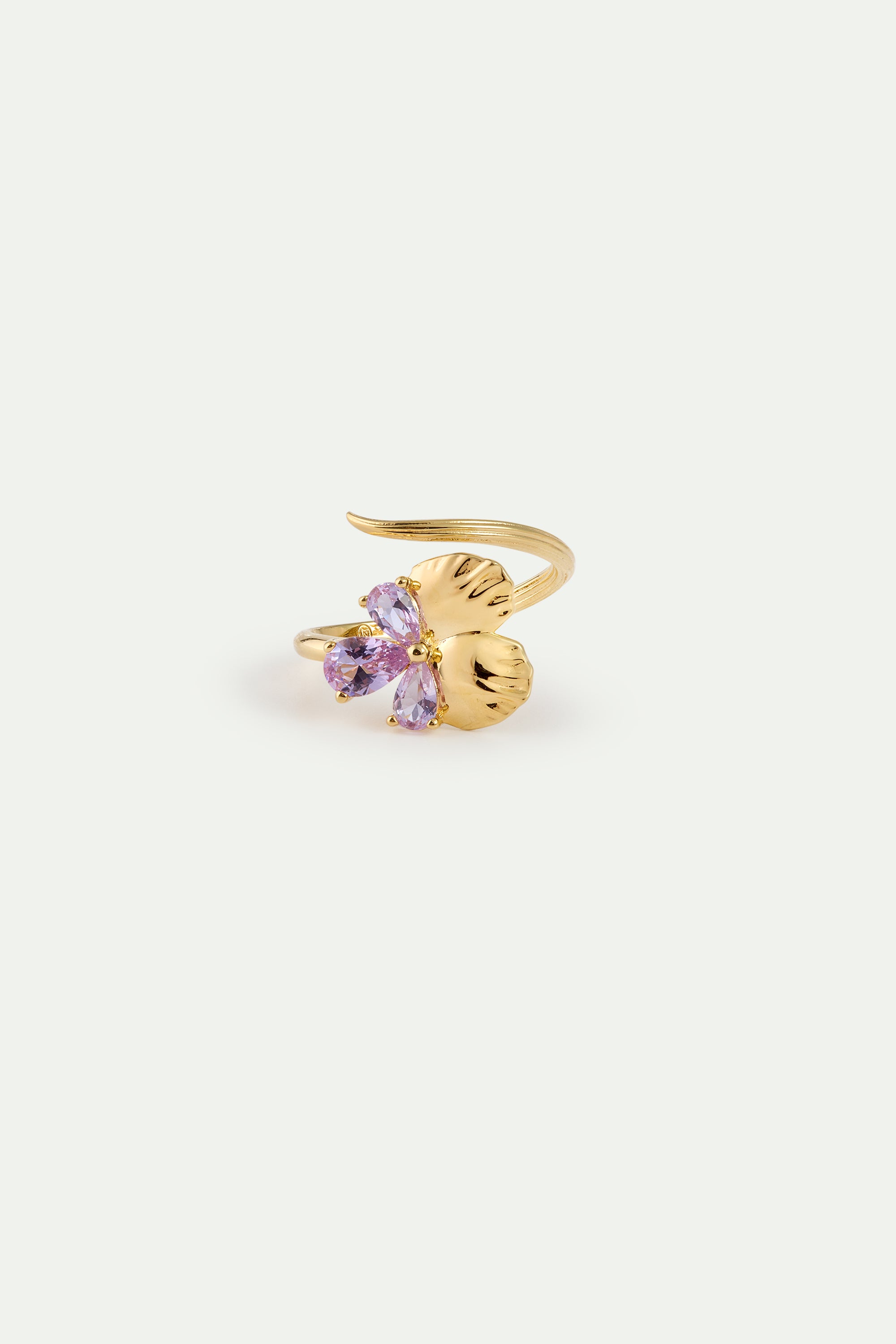 Bague ajustable dorée fleur de pensée et pierres roses