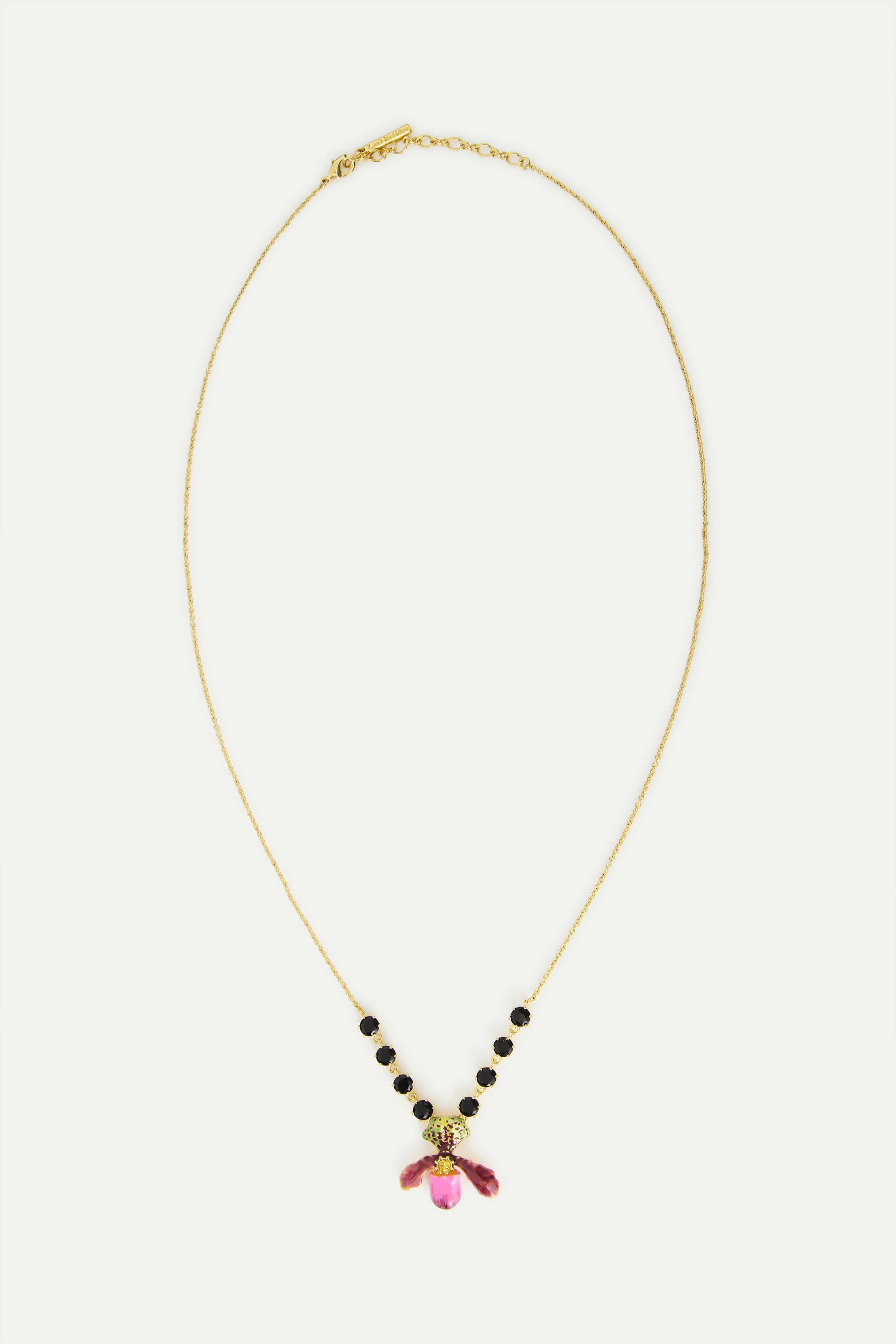 Collar orquídea zapatilla de Venus violeta y piedras de vidrio facetadas negras