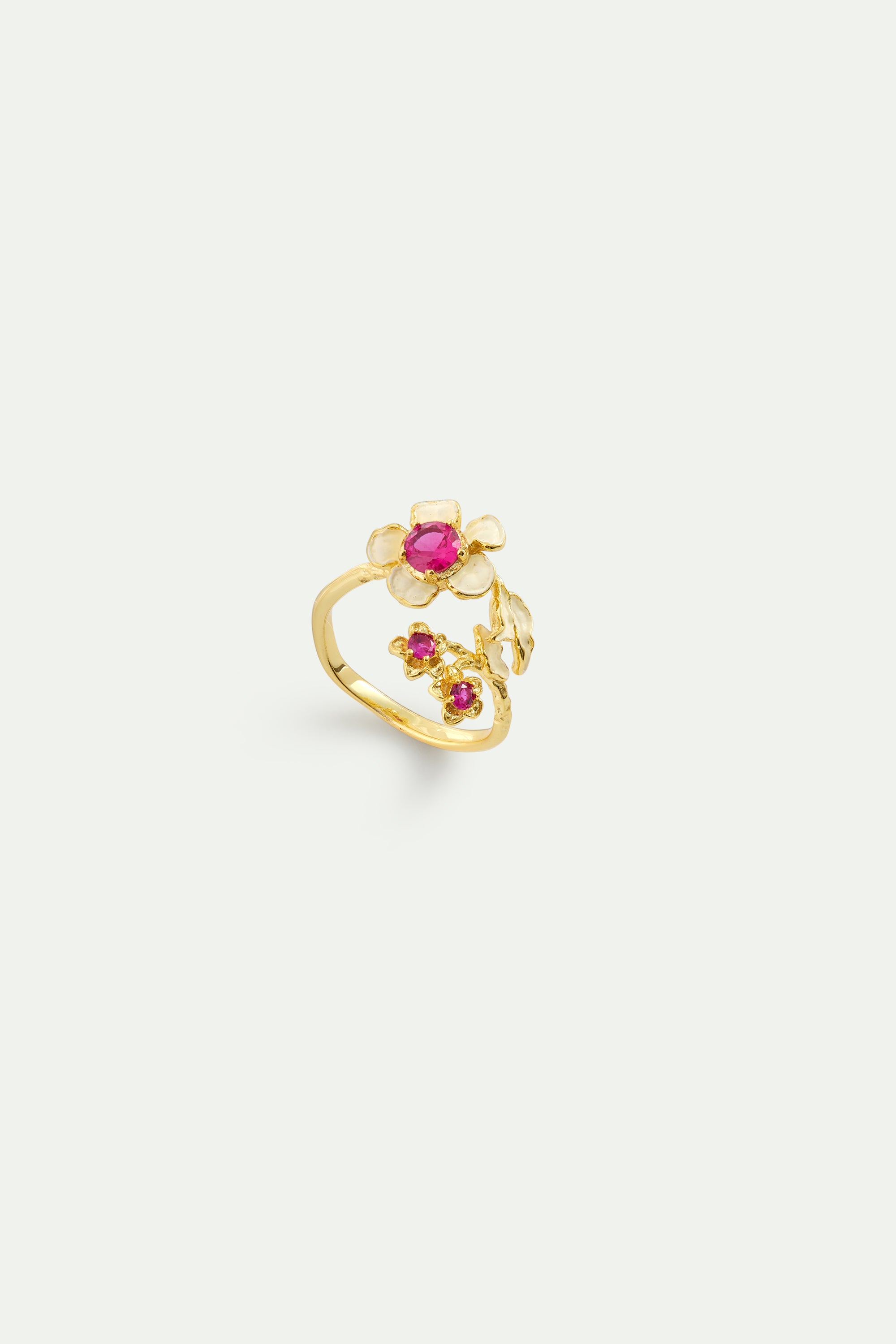 Bague ajustable anémone dorée et cristaux roses