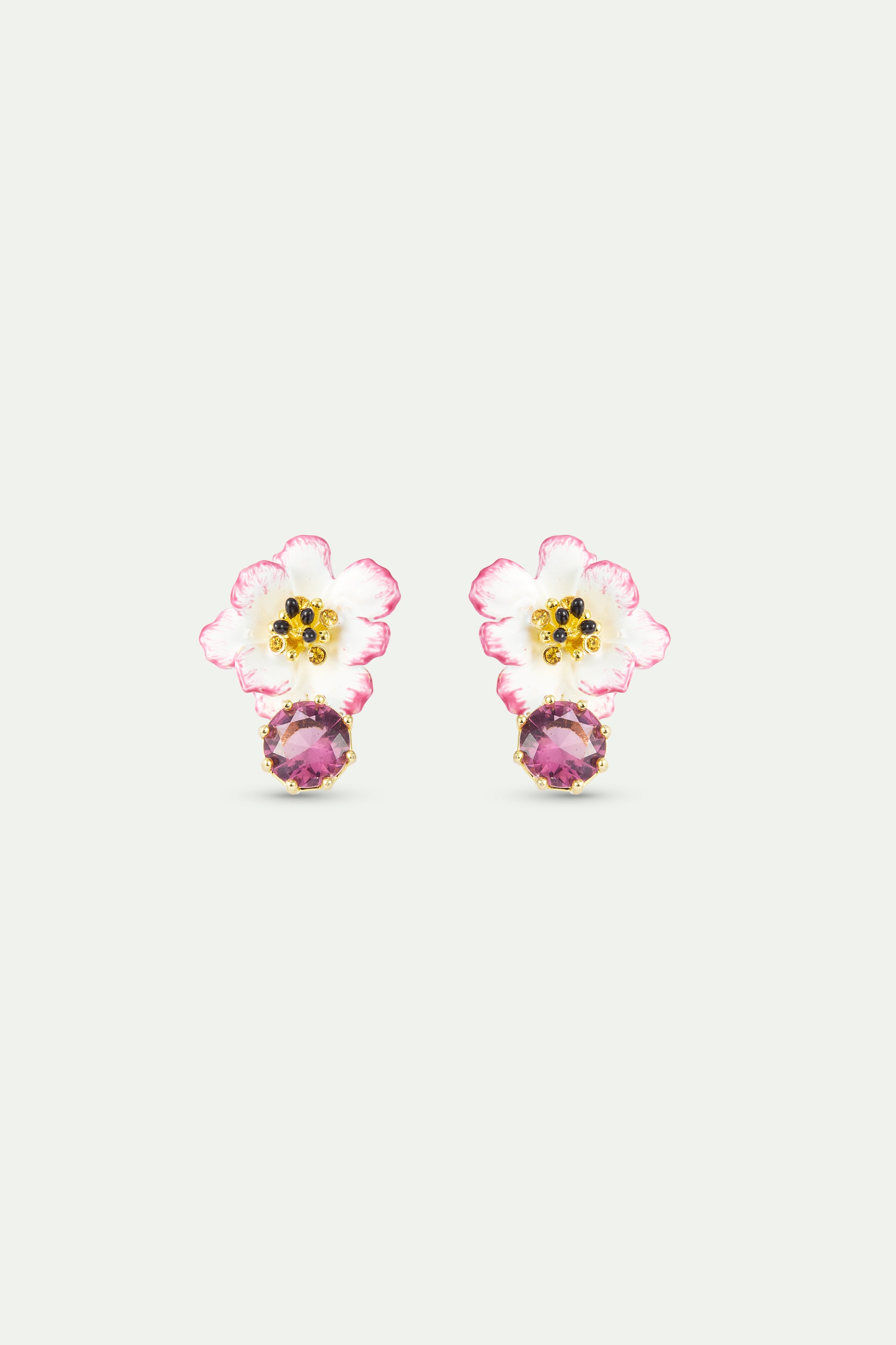 Boucles d'oreilles cosmos blanche et rose et pierre ronde rose