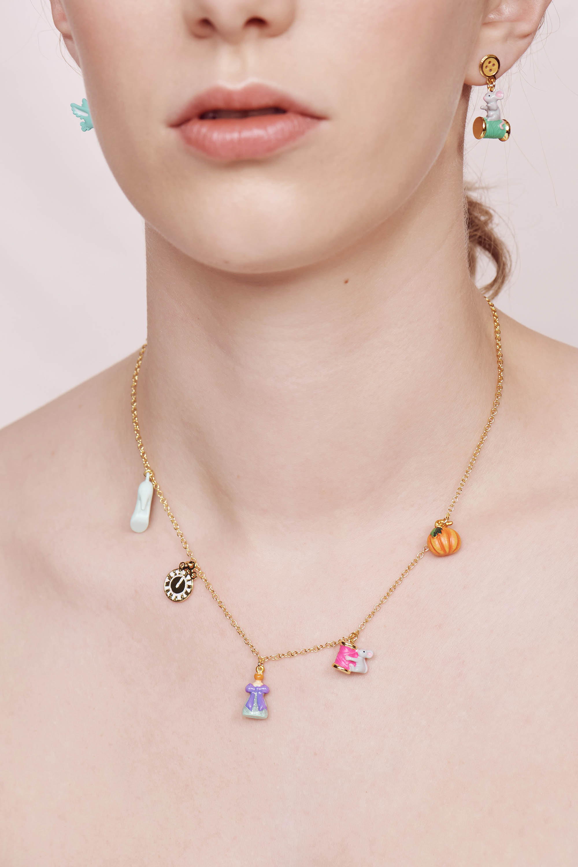 Pumpkin, Spool of Thread and Mouse, Cinderella, Clock and Slipper pendant necklace