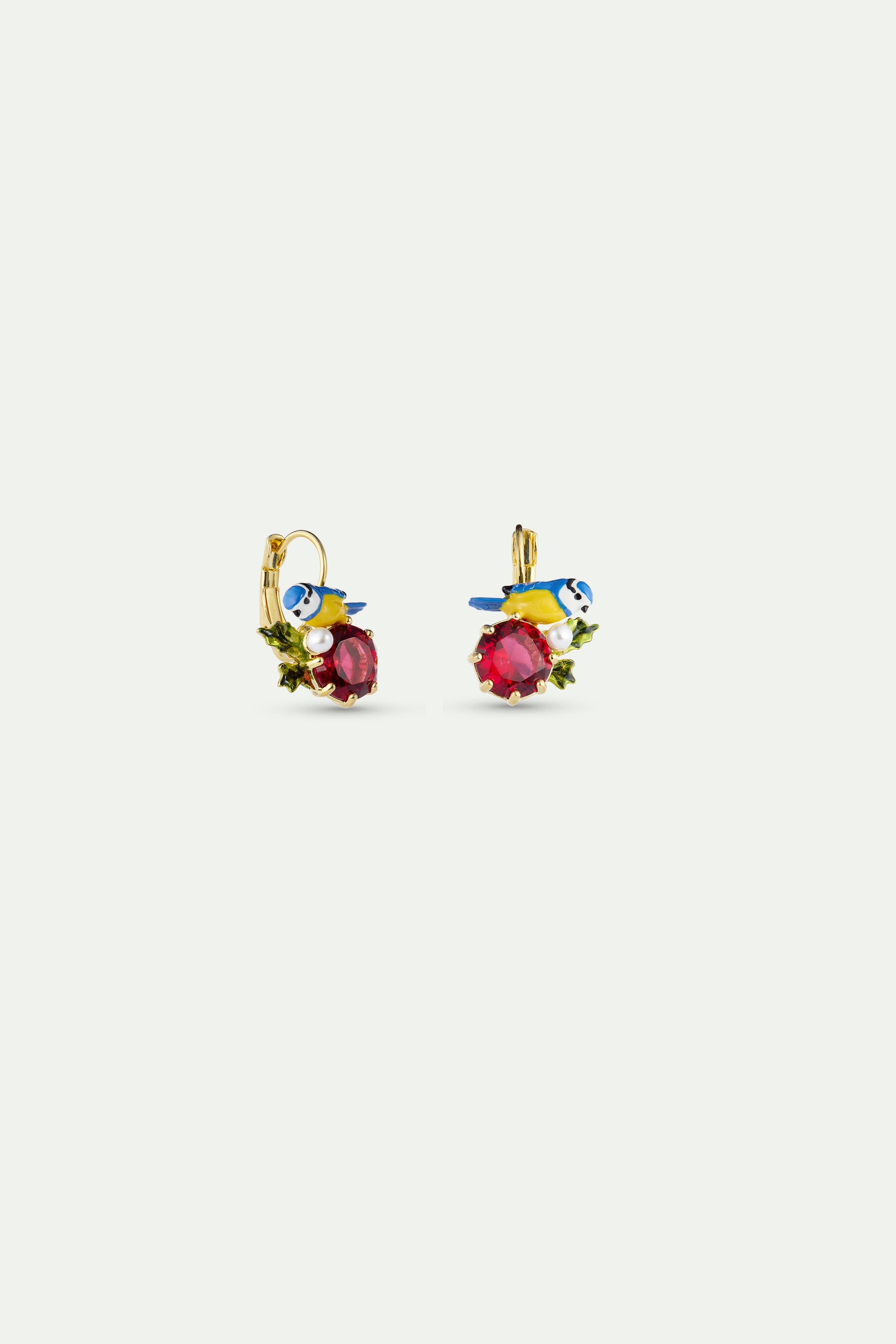 Boucles d'oreilles dormeuses mésanges et pierre ronde rouge