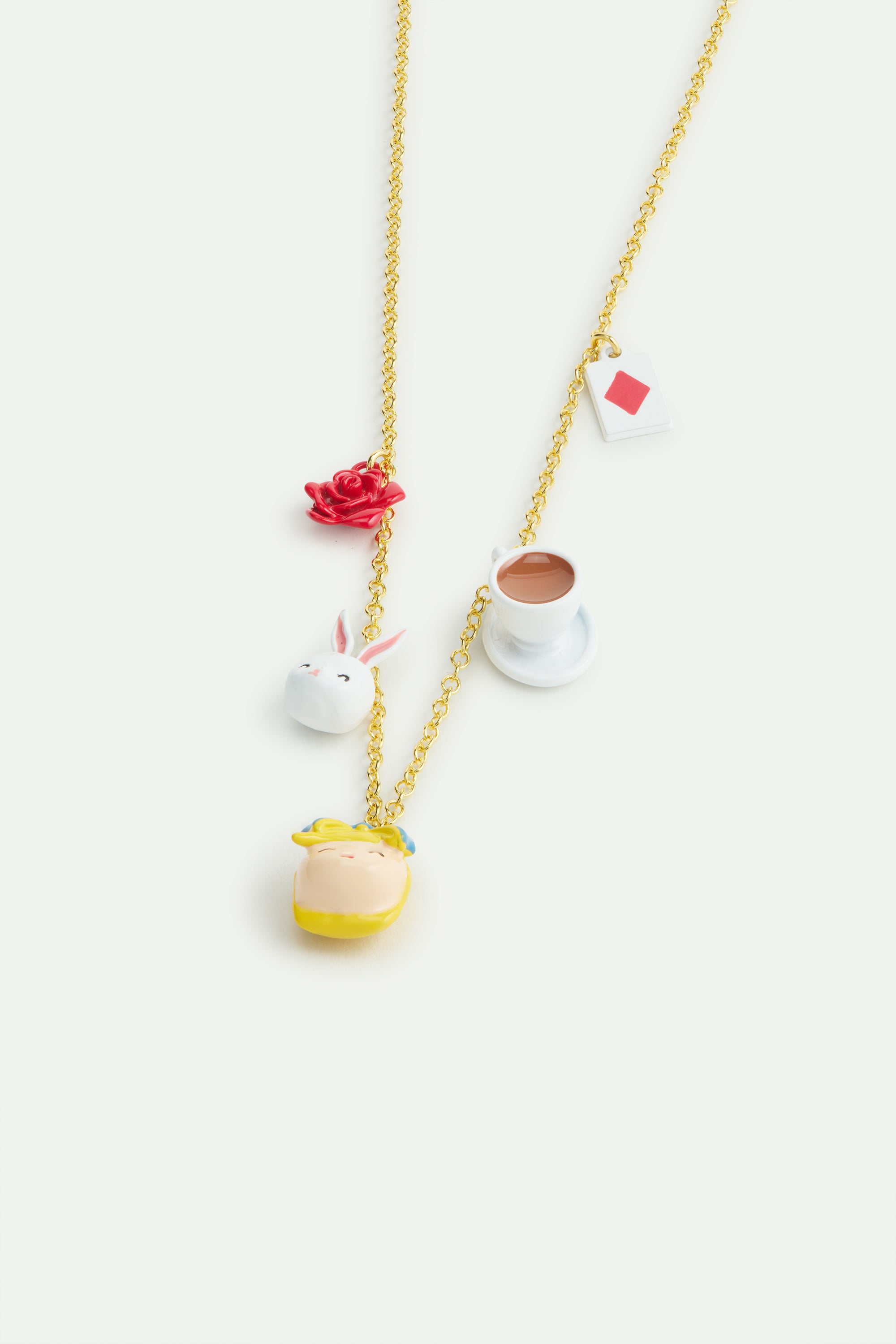 Alice in Wonderland, White Rabbit, red rose, tea cup and card pendant necklace