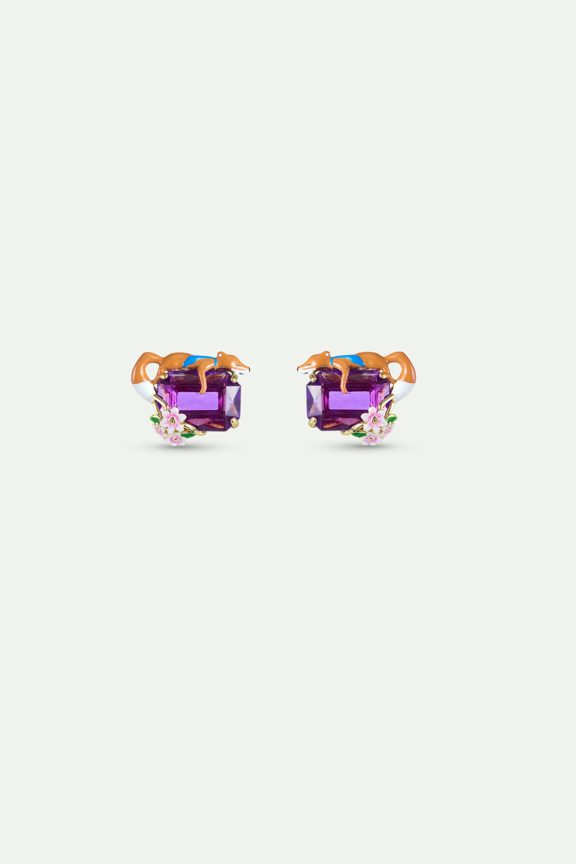 Boucles d'oreilles pierre rectangulaire violette, Renard et fleurs