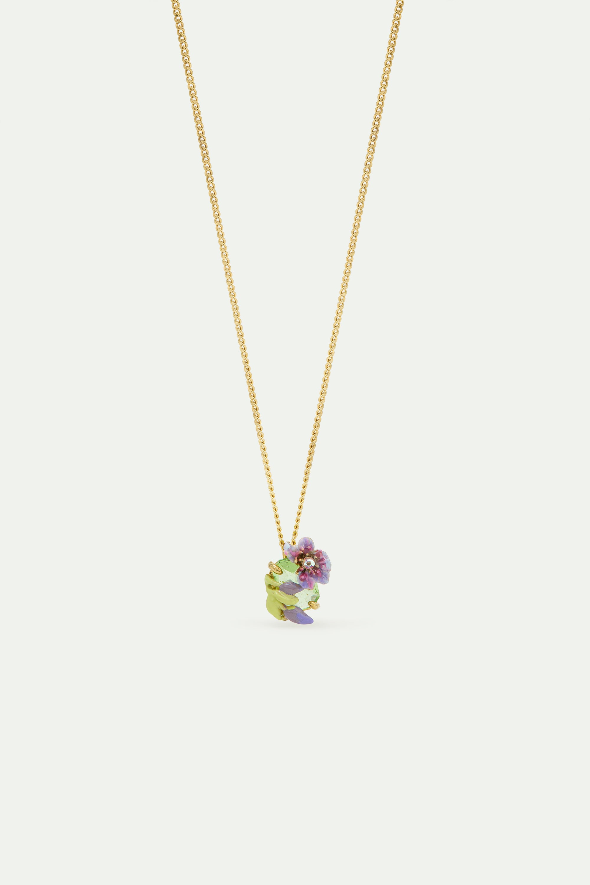 Purple clematis, green emerald-cut crystal and purple wisteria pendant necklace